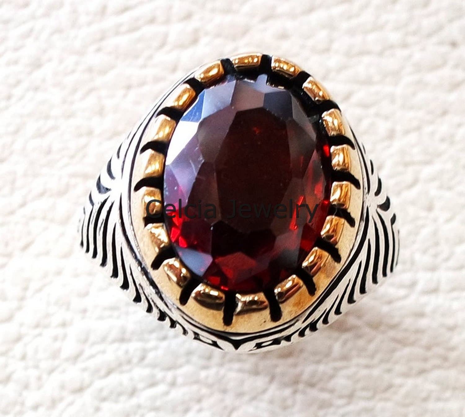 Natürlicher Granatroter Edelstein facettierter ovaler Siegelring, massiver 925er Sterlingsilber-Statement-Ring, nahöstlicher orientalischer Schmuck, Januar-Geburtsstein-Geschenkring (Granat)
