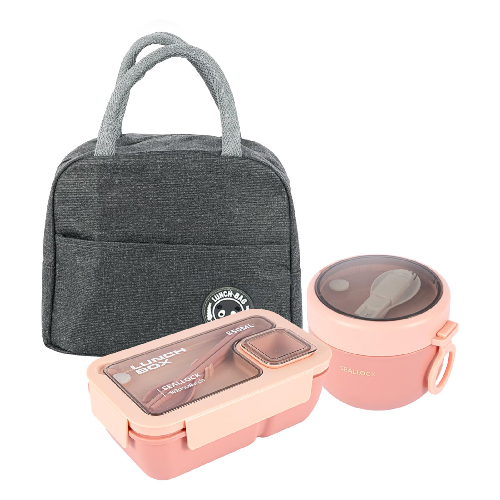 Minifactory Bento Box for Adults Lunch Box Set with Insulated Lunch Bag Utensils Leakproof Oats Container Meal Prep Containers for Work School Office Picnic Travel (Pink)