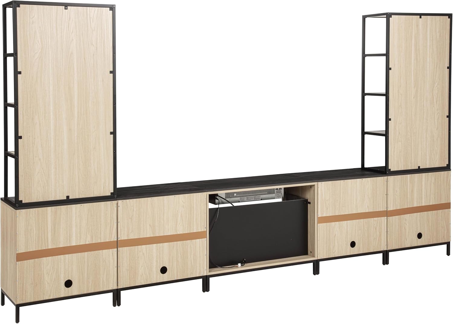 Linon Verner Blonde Wooden Herringbone Electric Fireplace with Extended Bookcase Media Set with Dark Top