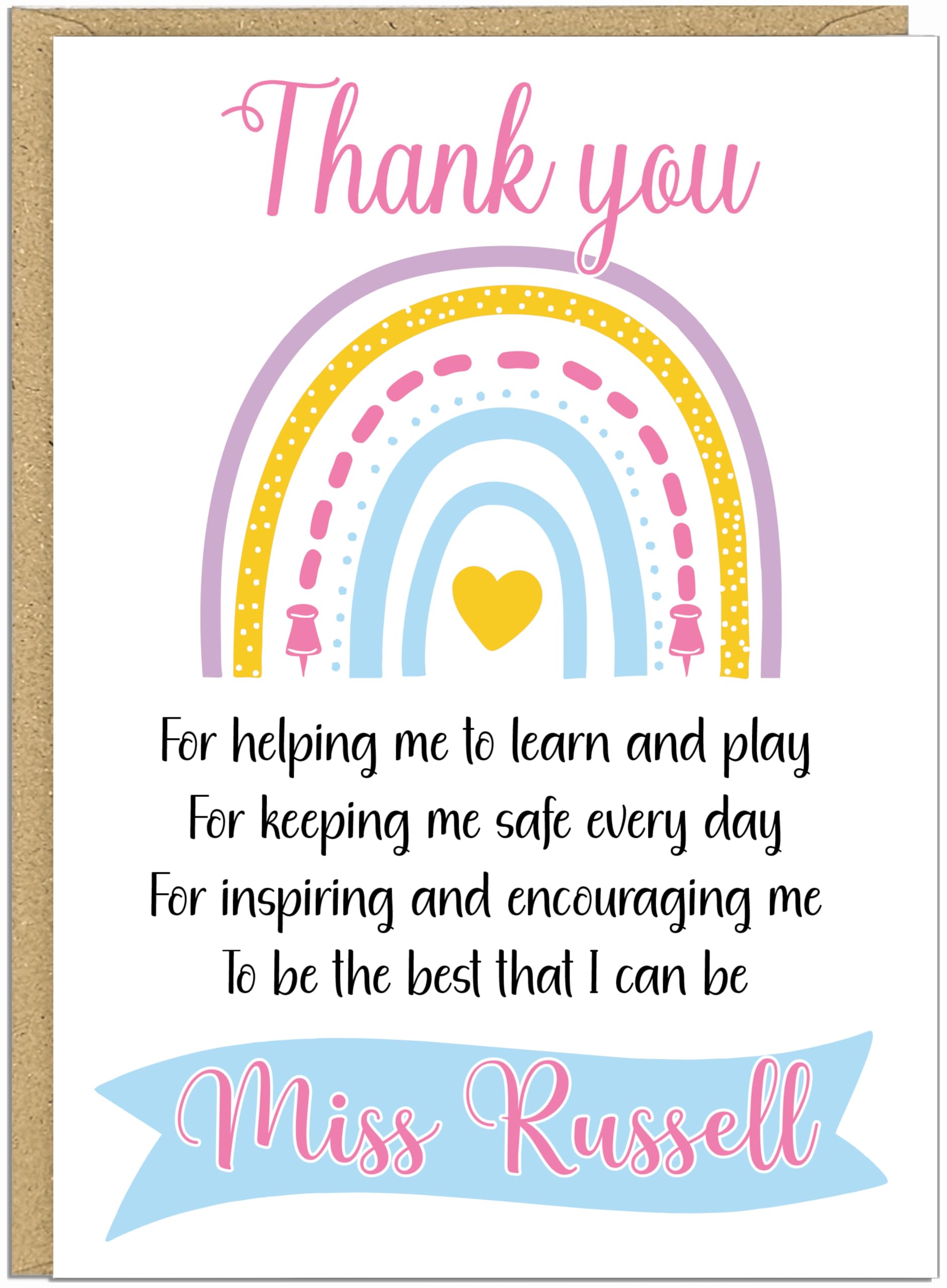 Personalised Rainbow Teacher Cards - Thank You for Helping Me Learn & Play Custom Name Banner School Staff Teaching Assistant Appreciation Gift, Design 9