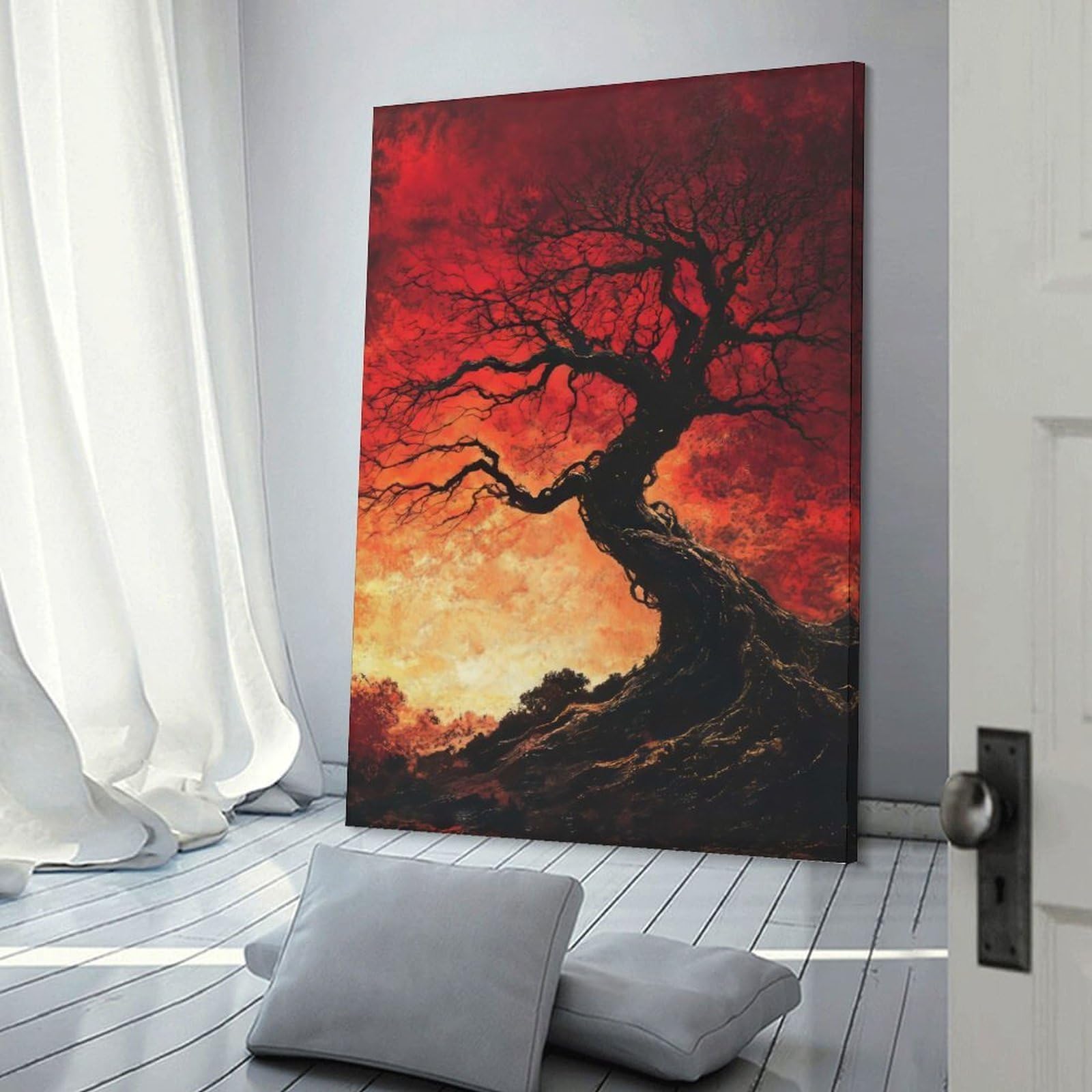 Junmoney Frame-Style-21 Hanging Wall Art Twisted Tree Against Red Sky, 24X36inch(60X90cm), For Entryway, Lounge Links Or Small Walls, A Neat Decor Update For Hallways