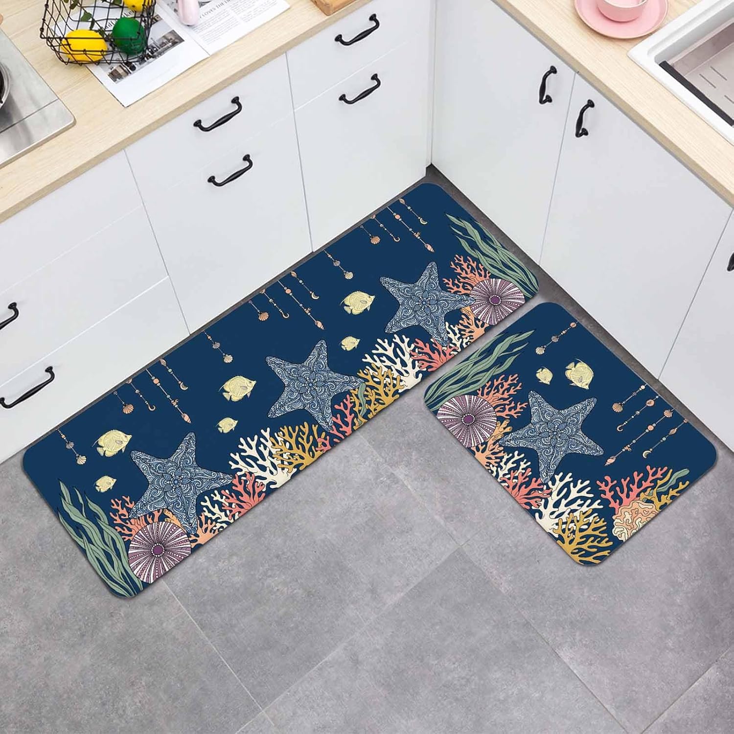 Boho Floral Starfish Kitchen Mat Set 2 Pieces Coastal Coral Seaweed Fish Navy Blue Non Slip Kitchen Rugs Washable Runner Rug Mats for Floor Sink Laundry Office 23.6" x 35.4"+23.6" x 70.9"