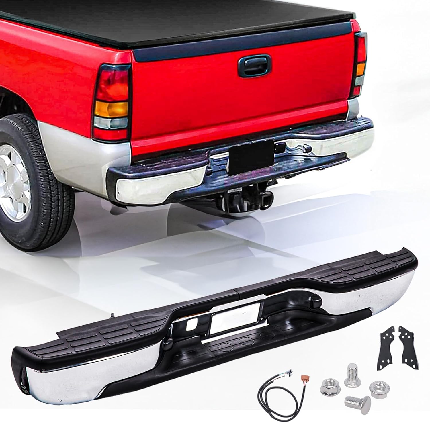 Rear Steel Step Bumper Assembly for 1999 2000 2001 2002 2003 2004 2005 2006 Chevy Silverado/GMC Sierra 1500 2500 Chrome Back Bumper Replacement for GM1103122,with Pad Brackets and License Plate Lights