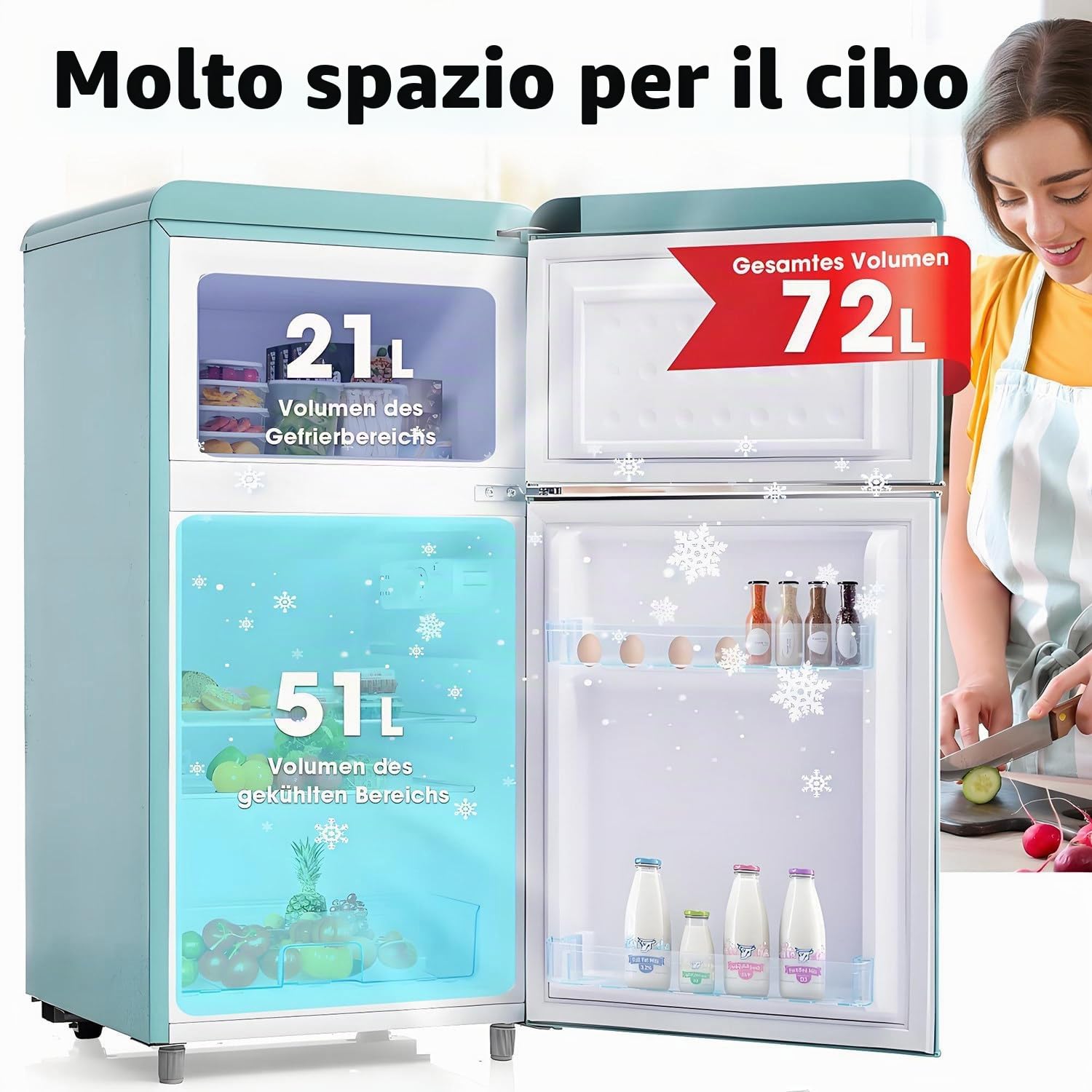 Combinazione frigorifero-congelatore retrò: due porte, altezza 86,8 cm, larghezza 45,5 cm, piccolo frigorifero, volume totale 60 litri, silenzioso, 120 kWh/anno,Blue