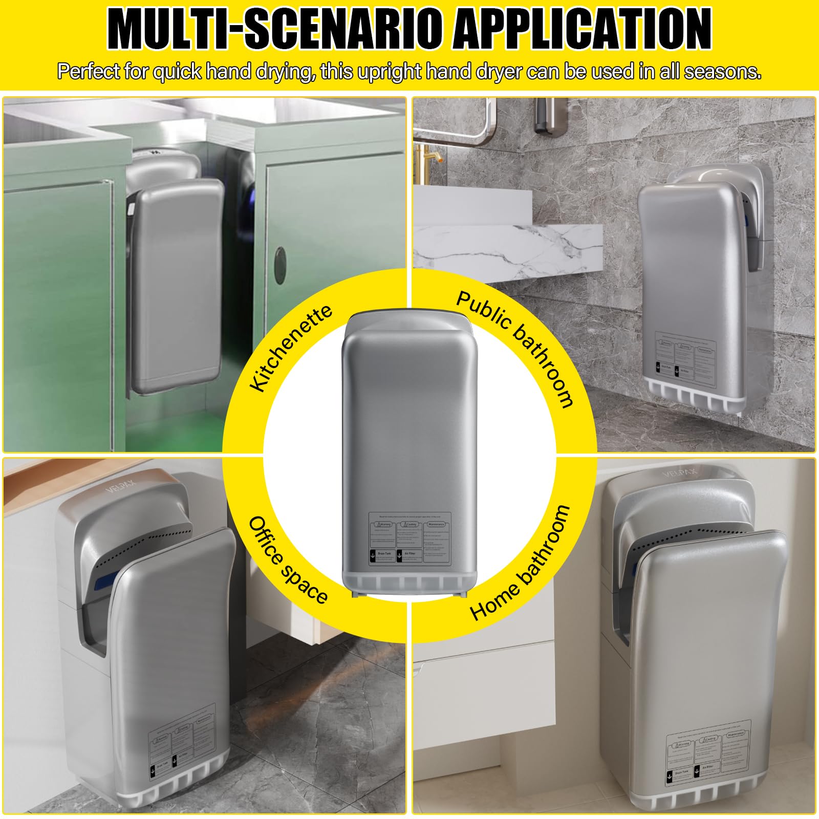 VELPAX 2000W sèche-Mains,sèche-Mains électrique Commercial,avec AEPH Filtre,10-12 Secondes pour sécher,Convient aux salles de Bains publiques, aux Cuisines et aux Bureaux