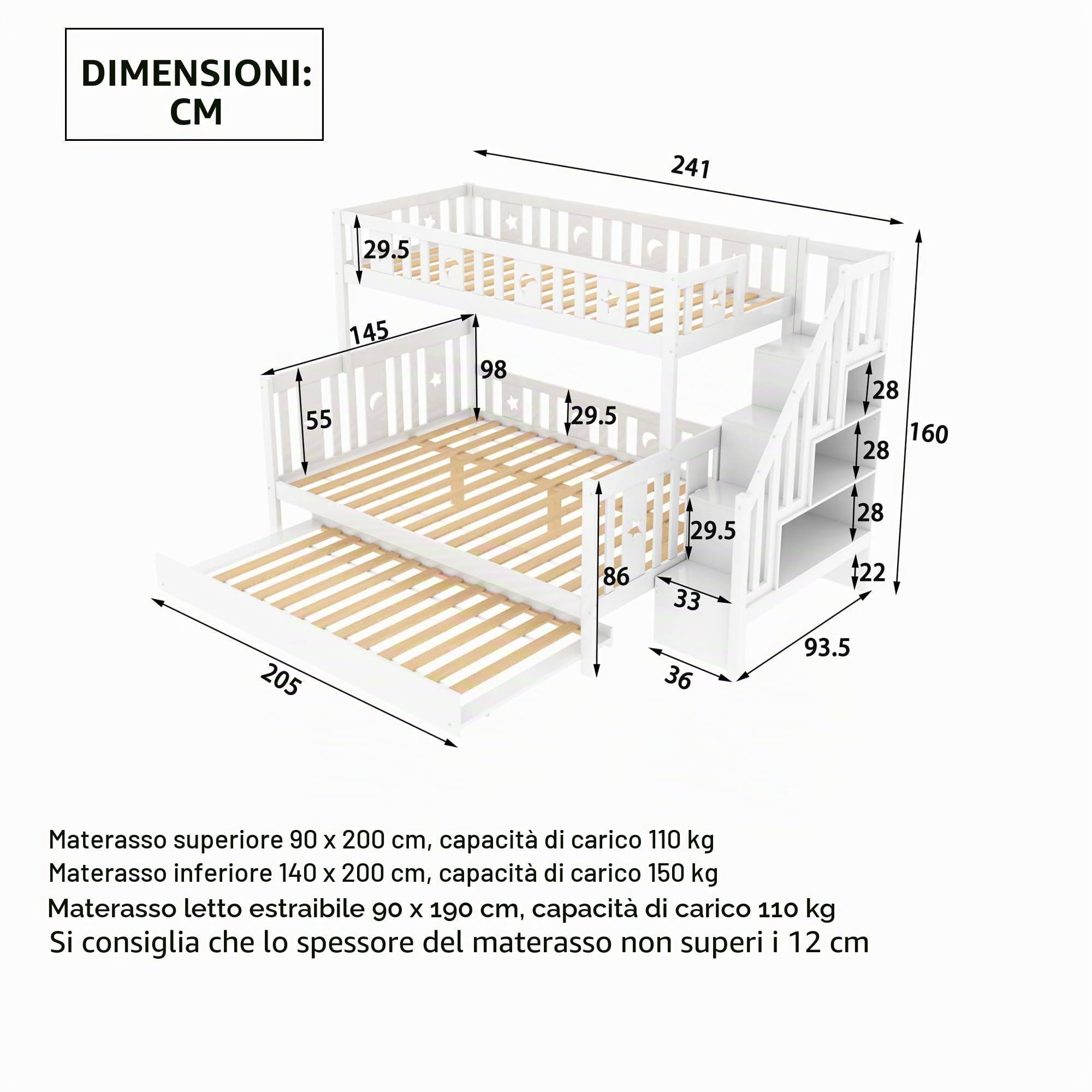 YESGIGA 90 x 200/140 x 200 cm, letto a castello in legno massello con scala di sicurezza, letto a rotelle e rete a doghe (con letto arrotolabile A)