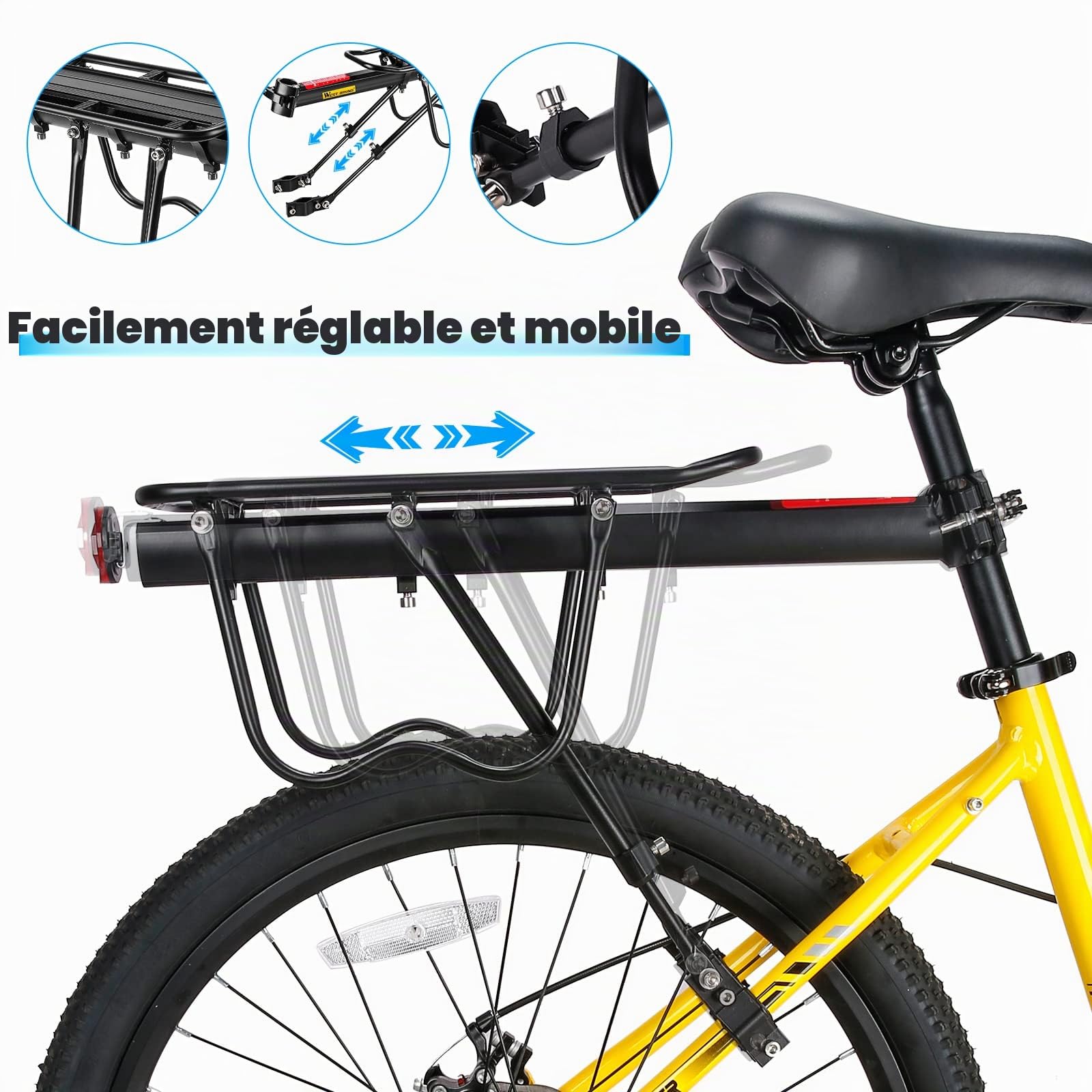 West Biking Porte-bagages pour VTT - Porte-bagages stable pour VTT - Robuste - En aluminium - Montage facile - Charge maximale : 50 kg