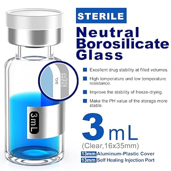 Empty Sterile Vial with Separately Butyl Rubber Stopper and Flip Top Closure,Removable,After Filling,Need to Seal by CrimperType 1 Borosilicate Glass Tubing,Individually Packed (3mL 8PCS)
