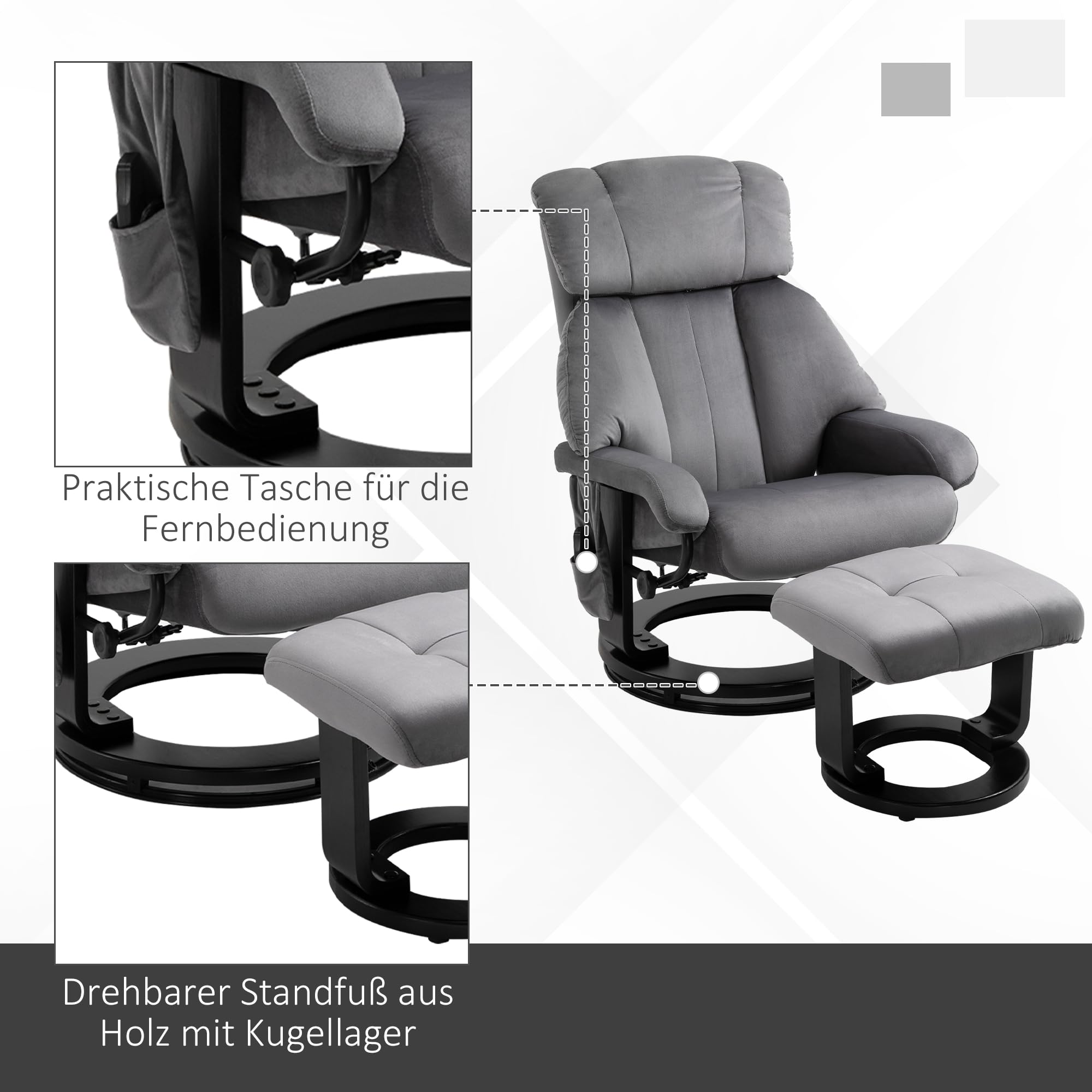 HOMCOM Relaxsessel mit Hocker Schwingmassage Liegefunktion Grau