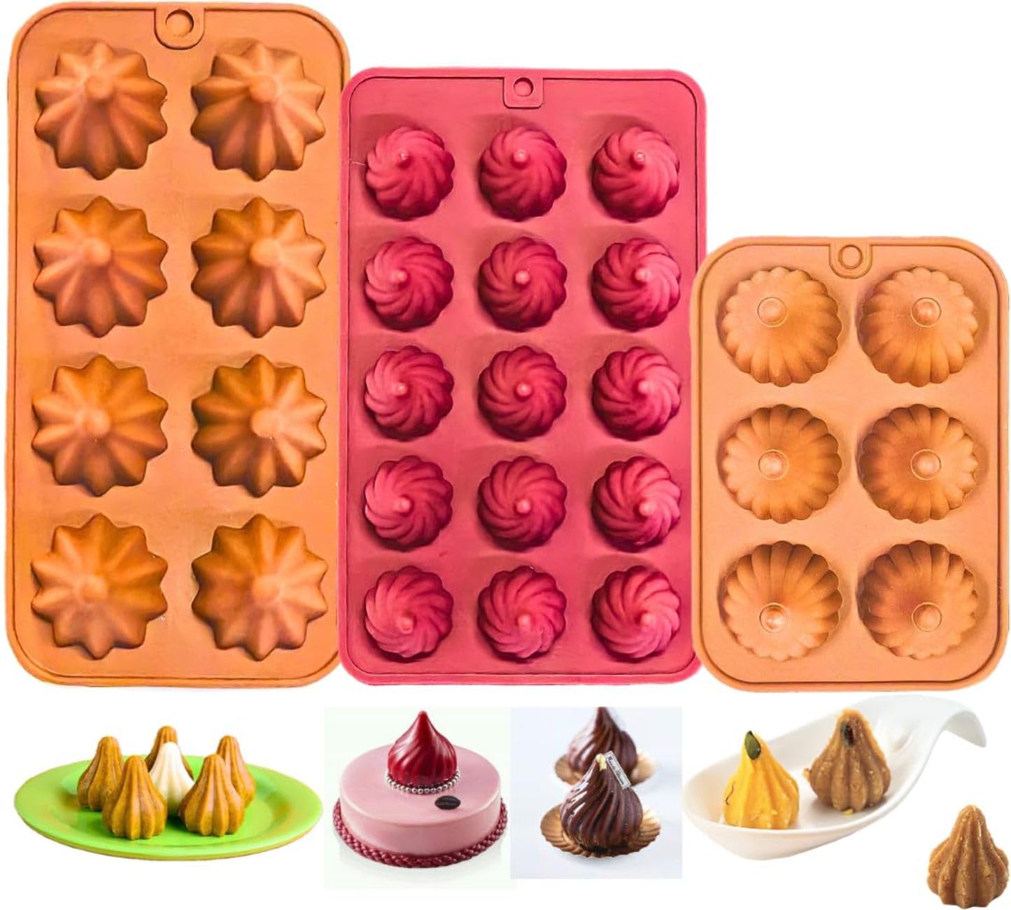 Bake House Modak Shape 3,6, 8 Cavity Chocolate Mould, Silicone Molds for Candy, modak Filling, Silicon Brown Fondant Cupcakes Decoration Cake Border Decorating for Ganesh Chaturti Festival Theme-image-45