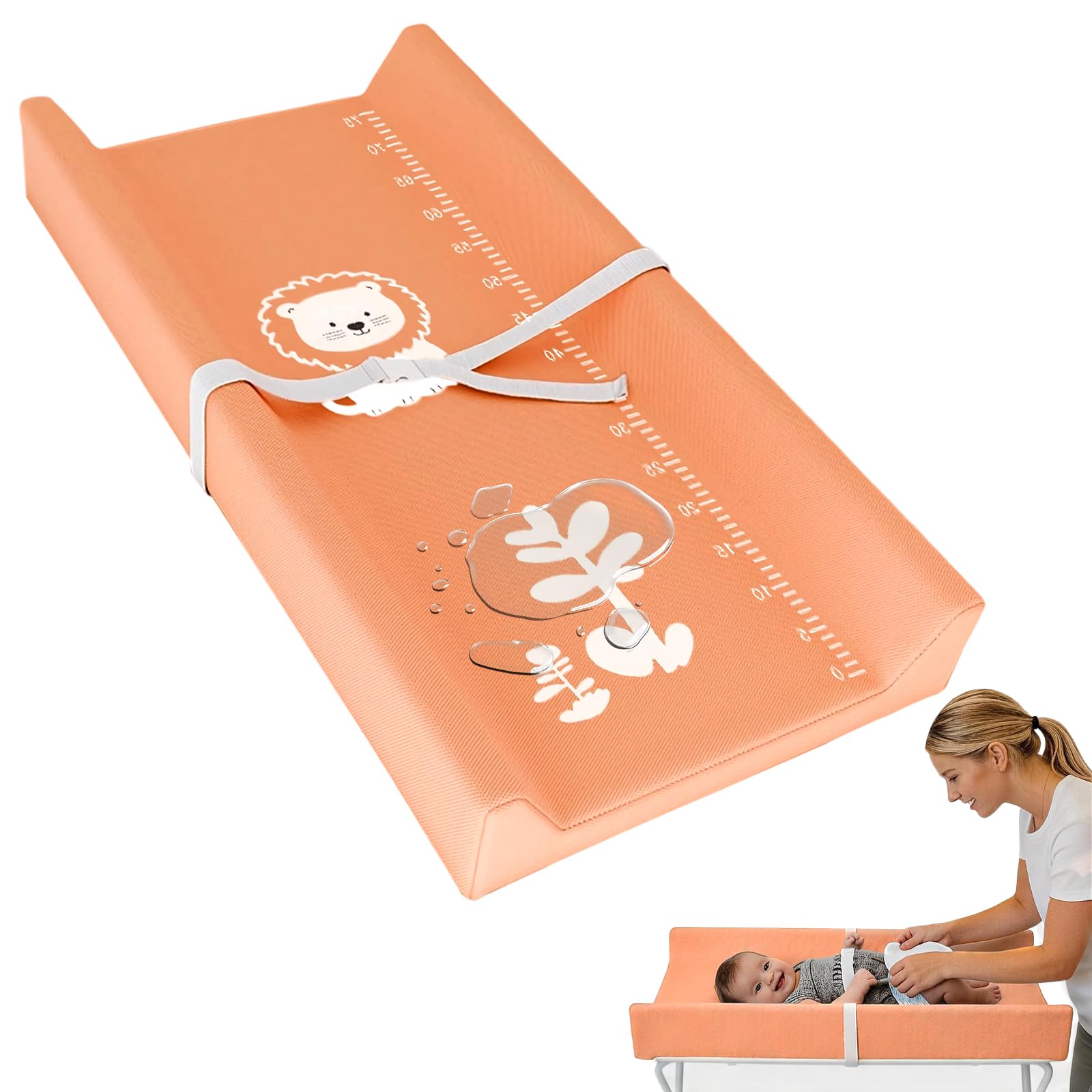 Anti Roll Baby Changing Mat, 80x40x10cm Soft Baby Change Mat Waterproof with Adjustable Safety Strap, PU Cover Non Slip Wipe Clean Nappy Changing Matt for Table Dresser (Orange)