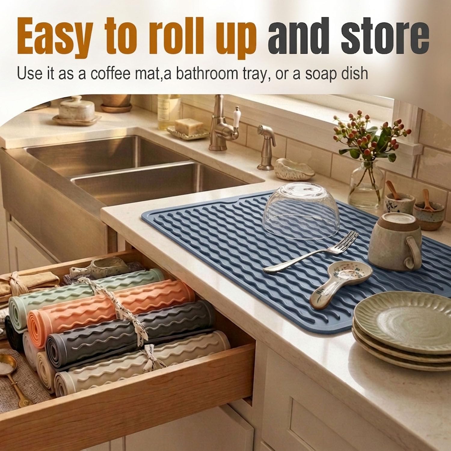 2 Pack Silicone Dish Drying Mat for Kitchen Counter Shower Caddy Rack Waterproof Under Sink Placemats Trivets Coffee Bar Accessories Home Finds Must Haves Extra Large 24"x18" Blue image 3