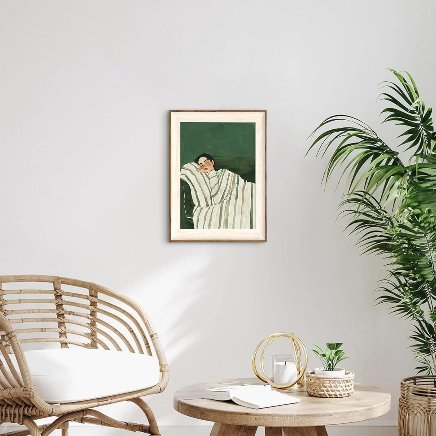 ASTRDECOR Minimalist Framed Wall Art - Cozy Woman Sleeping on Couch, Emerald Green & White Striped Blanket, Modern Aesthetic Bedroom or Living Room Décor, Eclectic Canvas Art Prints for Apartment 12x16Inch
