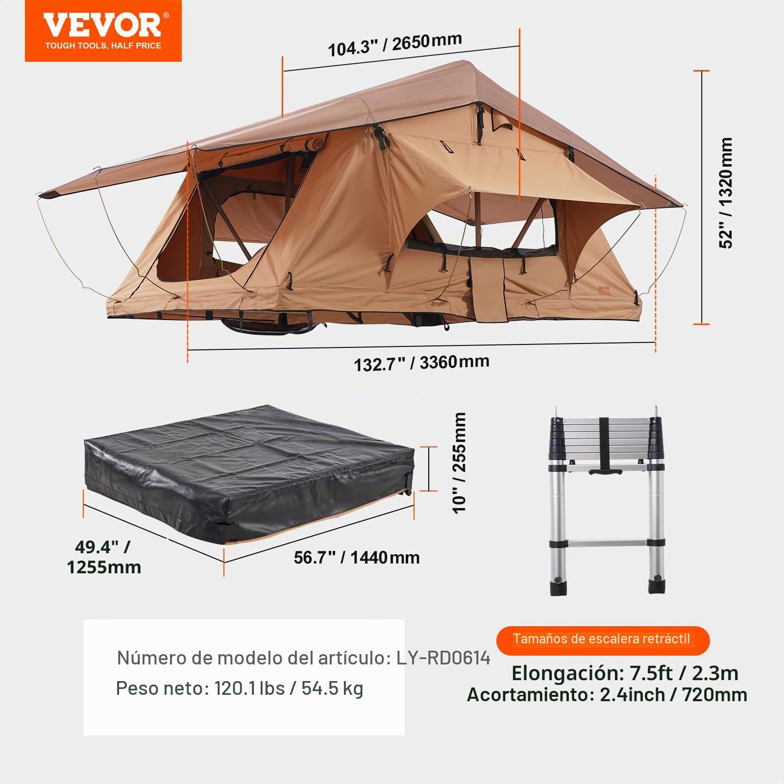 VEVOR - Tienda de Techo para 2-3 Personas, Tienda de campaña para vehículos Plegable e Impermeable, con Escalera telescópica, colchón y Funda para Jeep SUV Pick-up Camión Coches
