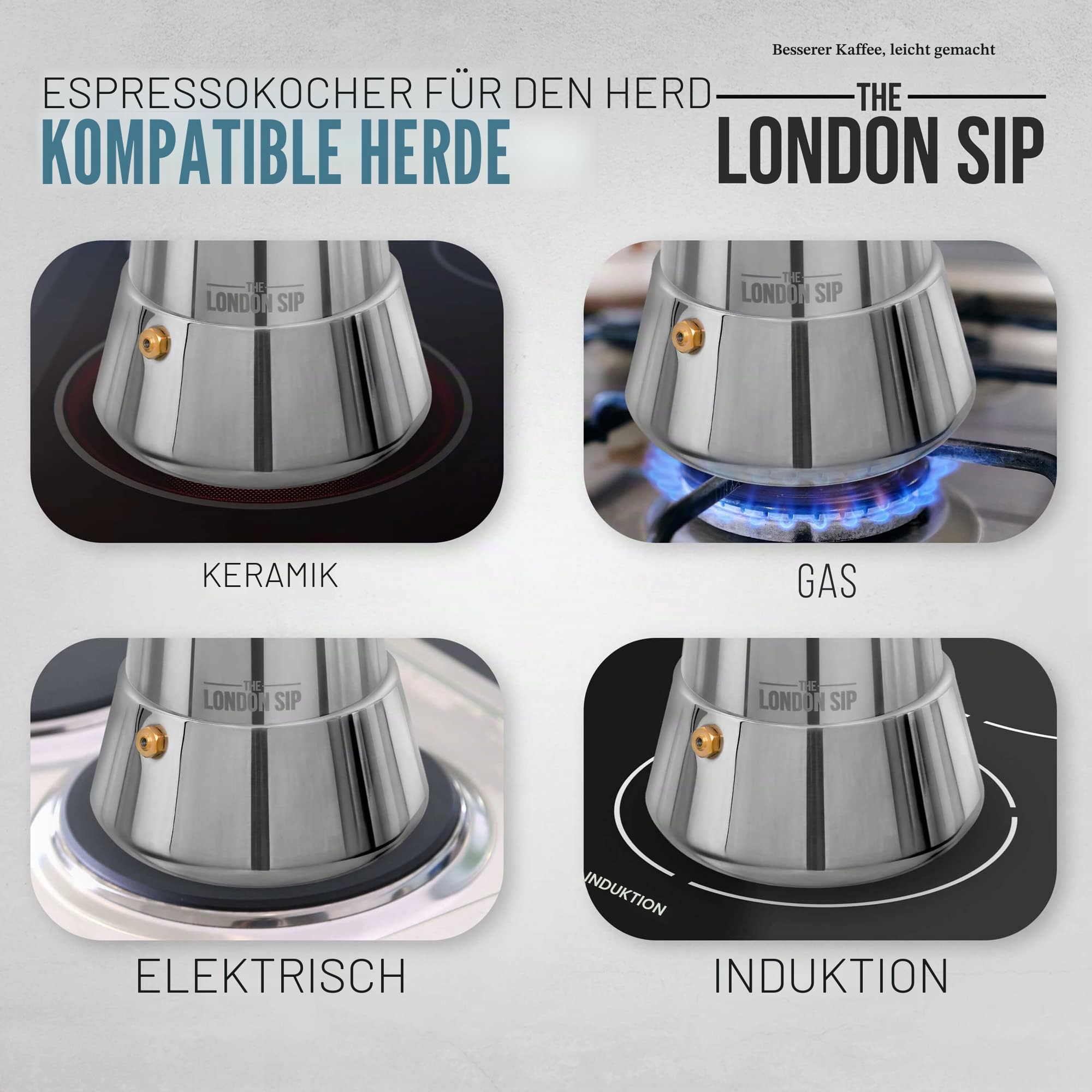 The London Sip Espressokocher Induktion geeignet, Mokkakanne aus Edelstahl, Espressokanne 6 Tassen (300 ml), Moka Pot für alle Herdarten geeignet, Silber
