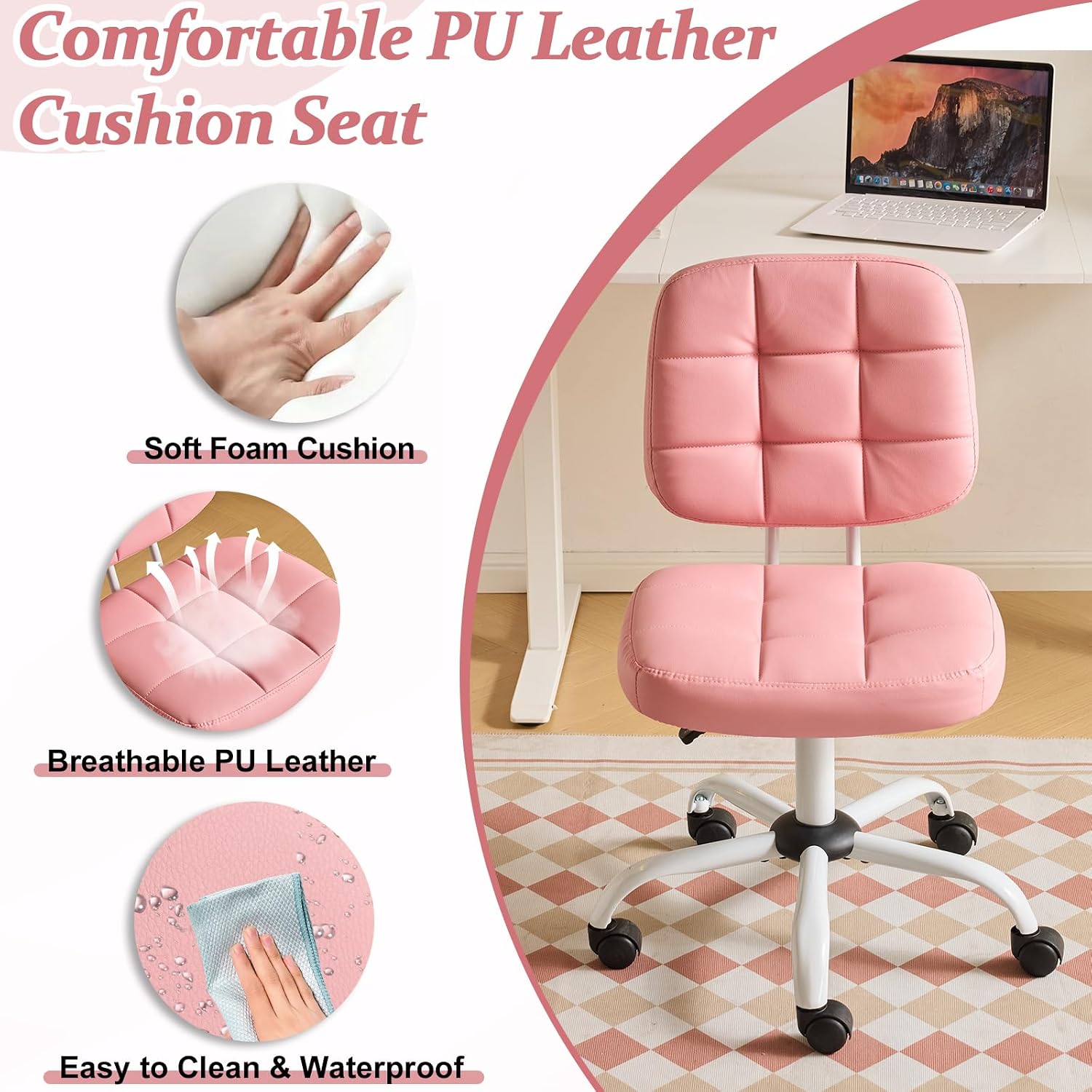 VINGLI Compact Small Desk Chair, Cute Armless Chair with Wheels, Vanity Chair with Low Back, Height Adjustable Task Chair for Small Spaces, Office, Bedroom, Make Up Room, PU Leather, Pink