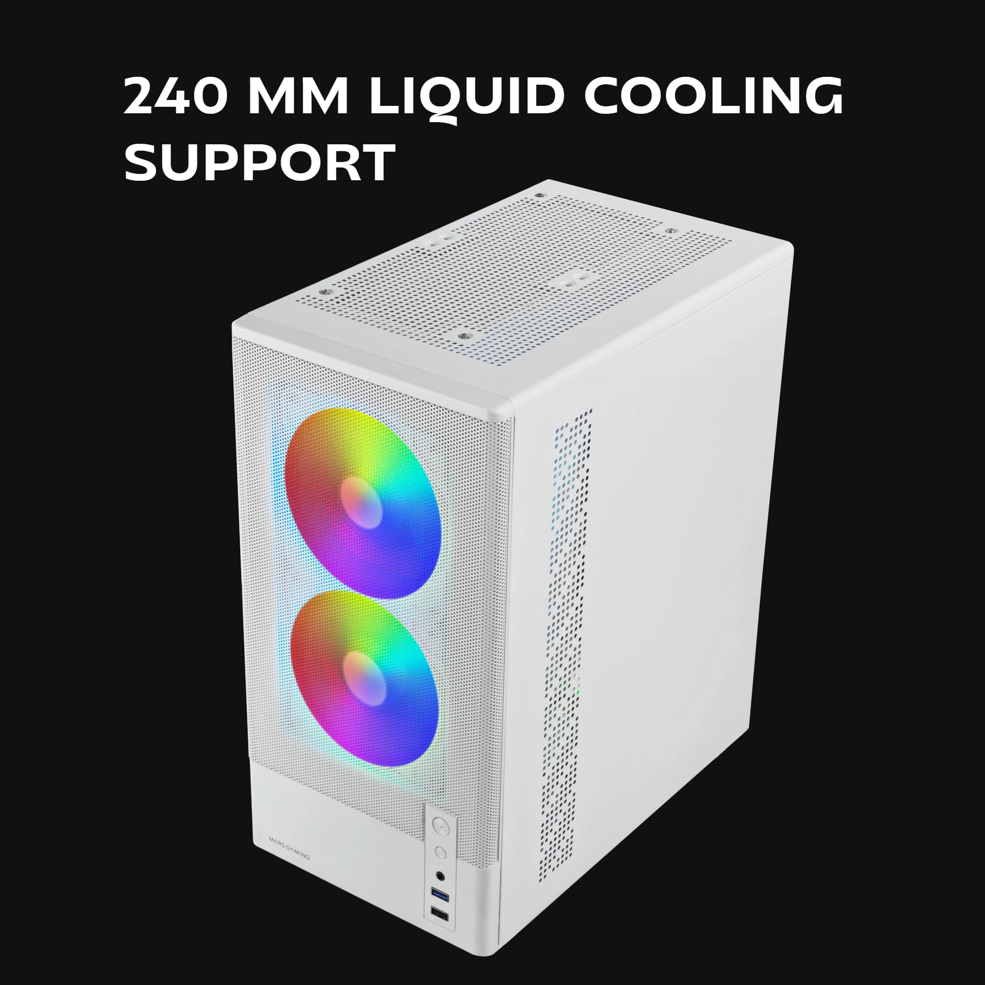 Mars Gaming MC-ONYX, Obudowa Gamingowa MicroATX, Metalowy Front Mesh, Boczne Okno z Hartowanego Szkła, 3x Wentylatory ARGB FDB, Podwójna Komora, Chłodzenie Cieczą do 240 mm, Biała