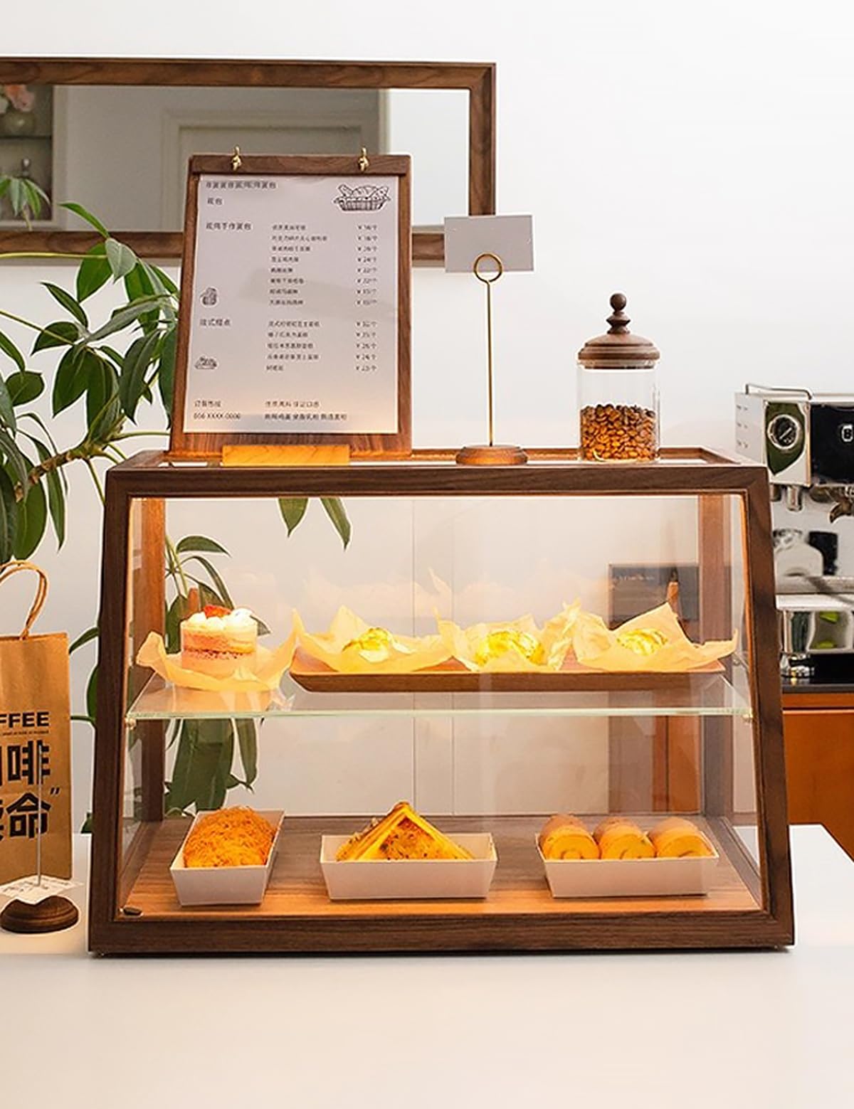 Vitrina de pastelería de 2 Niveles, de Cristal, 60 cm (23,6 Pulgadas), Trapezoidal, con iluminación LED y Mueble de Madera. Ideal para Pasteles, Donuts y Uso Comercial.