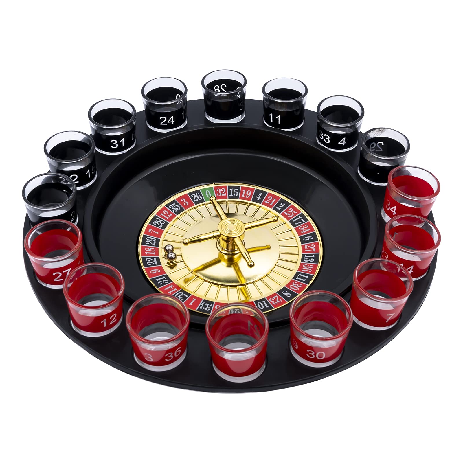 Glamified Jeu à Boire Roulette – 16 Verres Numérotés Noirs Et Rouges, Avec 2 Boules Métalliques – 18+