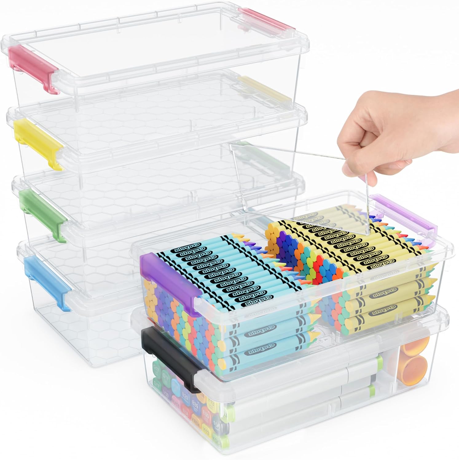6 Pack Extra Large Pencil Box with Removable Divider, Thickened Pencil Case Bulk, Clear Crayon Marker Organizer Stackable Plastic Small Storage Containers for Pen Craft School Supplies (Multi) Multicolor-6