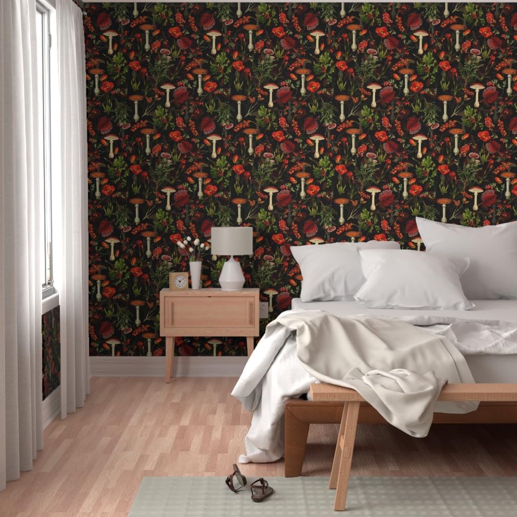 Removable Wallpaper 3ft x 2ft - Vintage Style Botanical Mushrooms Woodland Wildflowers Antique Style Custom Pre-Pasted Wallpaper by Spoonflower