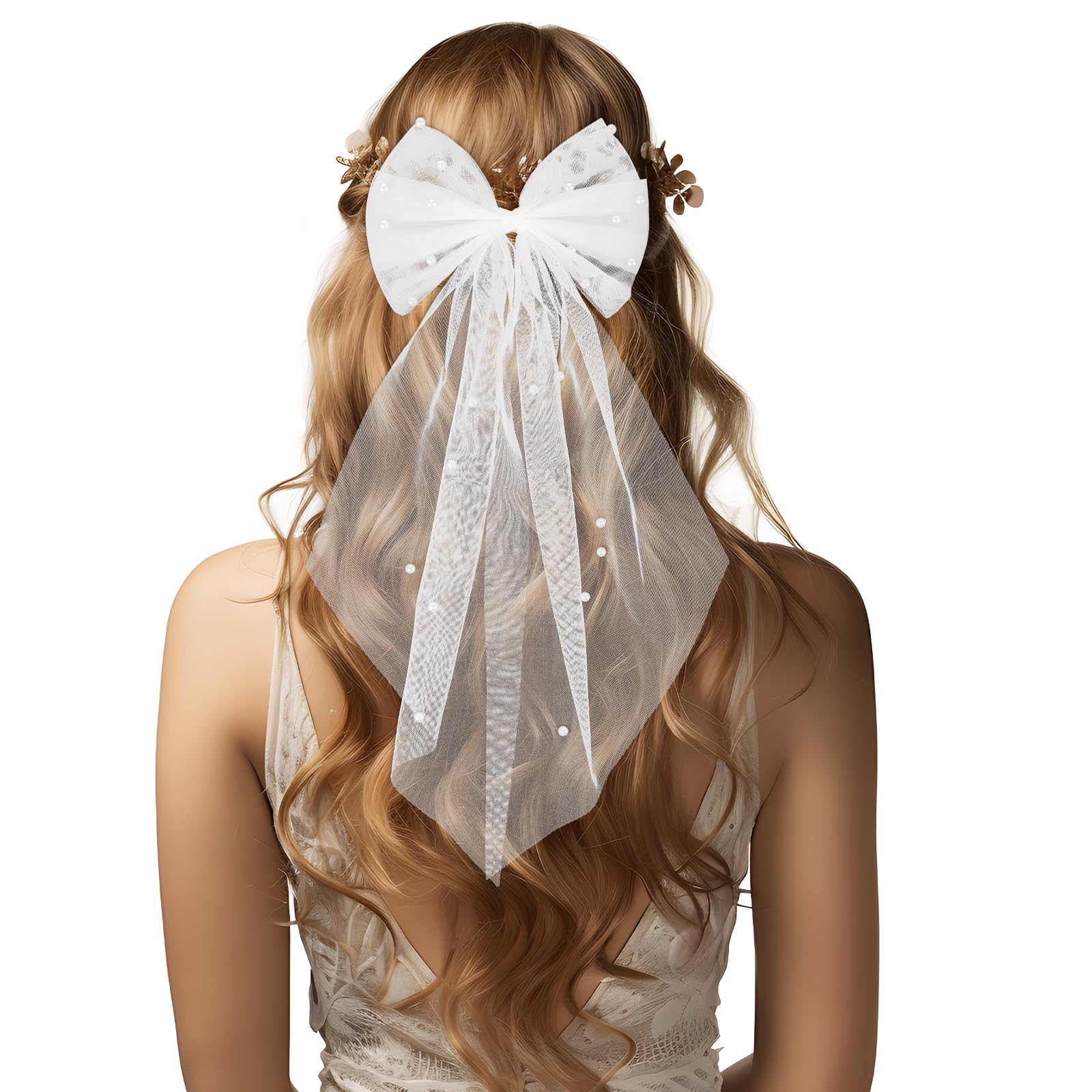 Prasacco Bridal Veil Pearl Hair Bow, White Tulle Bow with Clip Wedding Veil with Pearl Elegant Tulle Layer Hair Clip Bachelorette Party Veil Hair Accessories for Wedding Bachelorette Party Women Girls