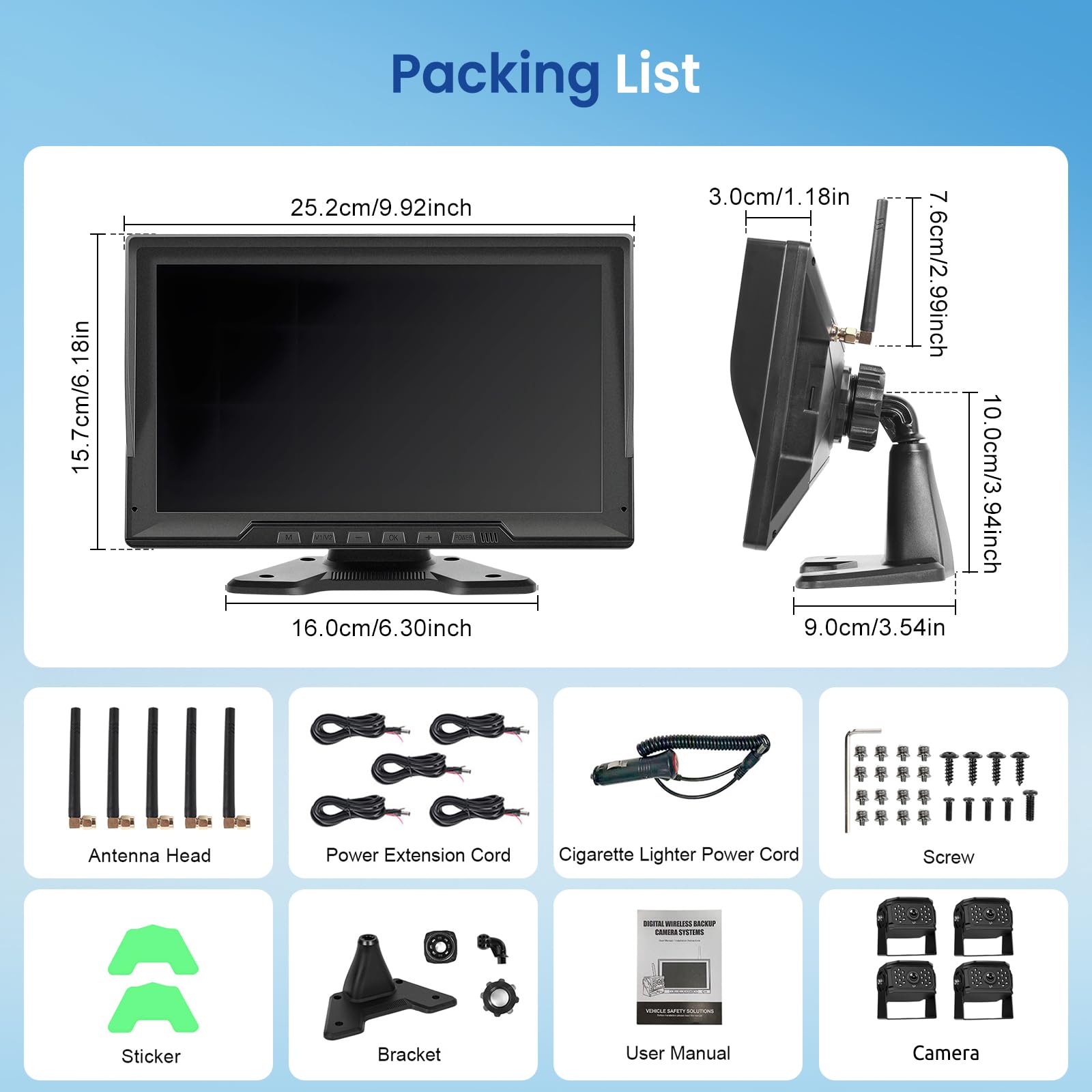 Hodozzy 4 Telecamere Posteriore Digitali Wireless con Monitor IPS da 10,1 Pollici, Supporta BSD,Telecamera Retromarcia Impermeabile IP68, Telecamera DVR 720P per Camper/Camion