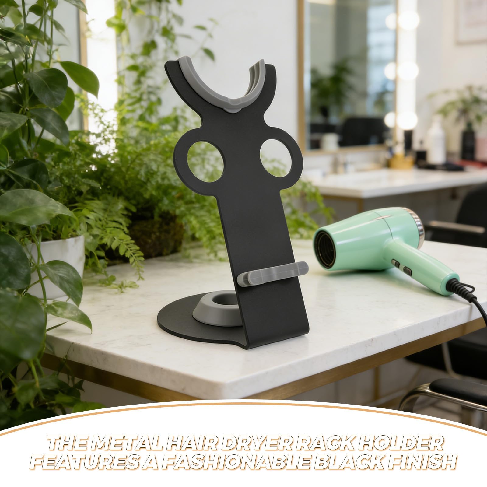 Soporte para Secador de Pelo Metálico y Plástico Negro, Organizador de Sobremesa Resistente a Rayaduras y Fácil Mantenimiento para Hogar y Salón