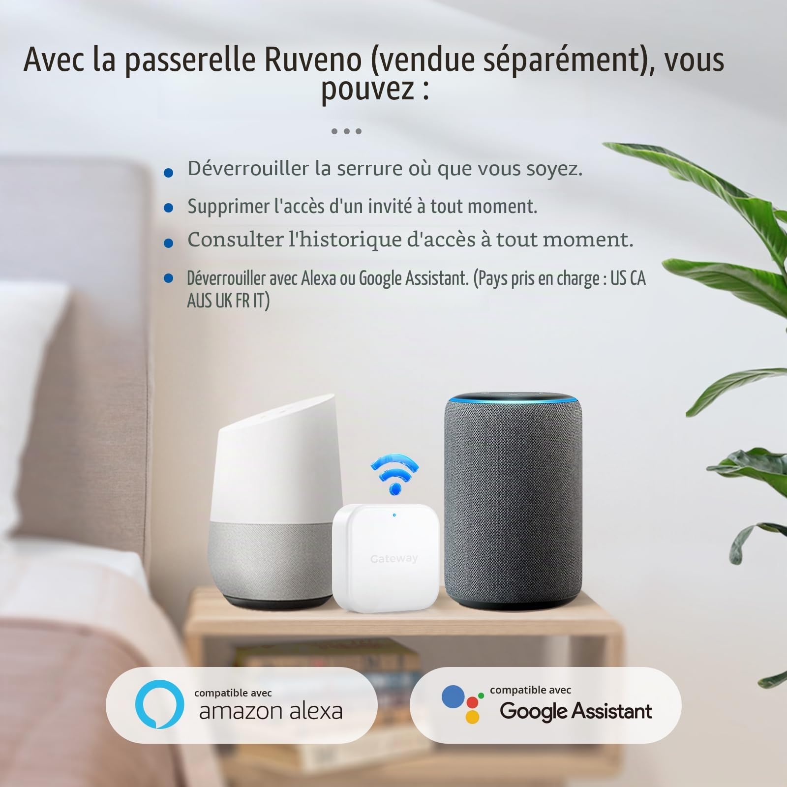 Ruveno Serrure de porte intelligente résistante aux intempéries avec poignée : entrée sans clé par empreinte digitale - serrure de porte à code numérique pour porte en aluminium et en bois - verrou