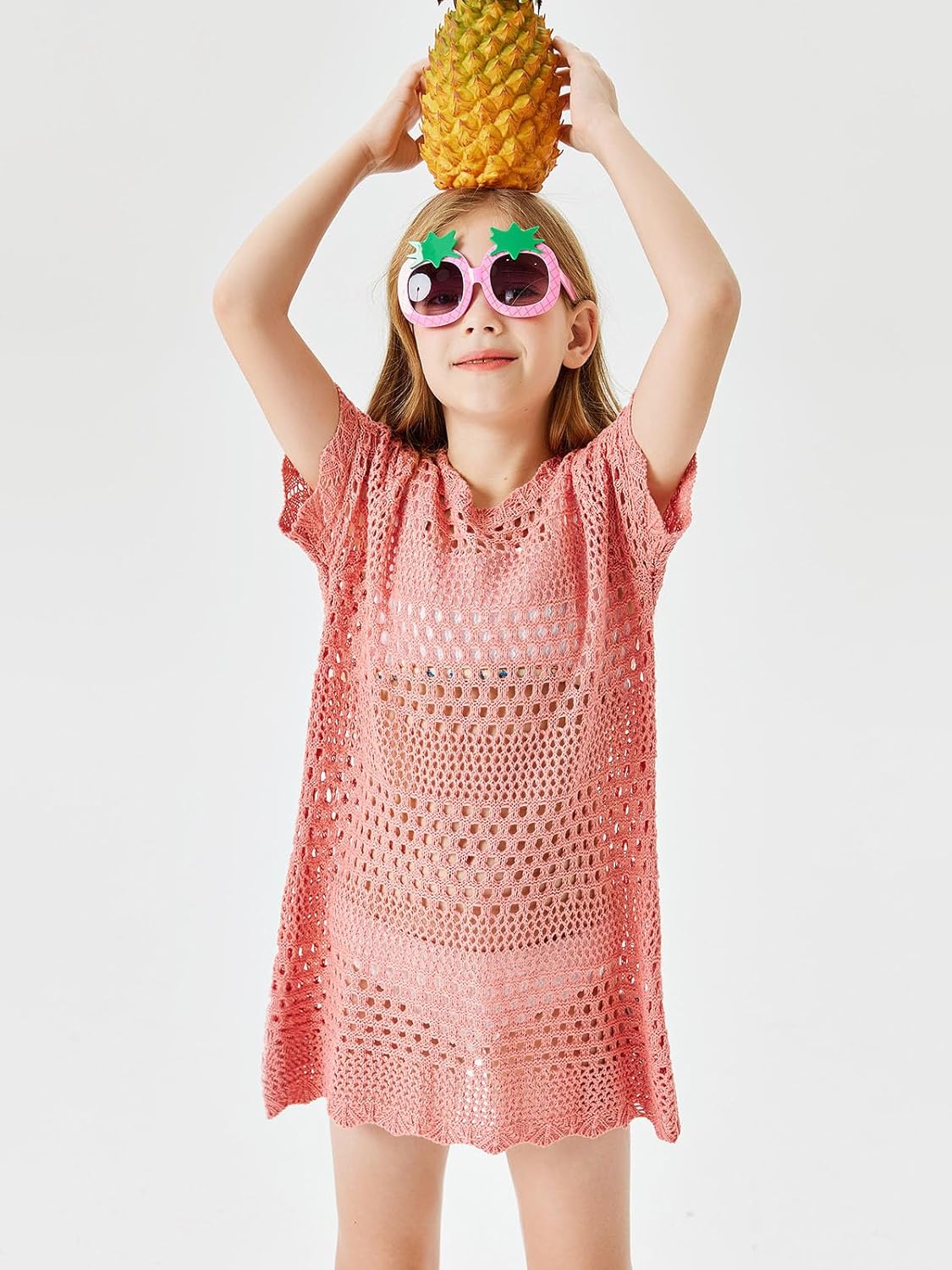 Batermoon Girls Swim Cover Up Crochet Bathing Suit Cover Ups Short Sleeve Summer Beach Dress 5-14 Years - Image 2