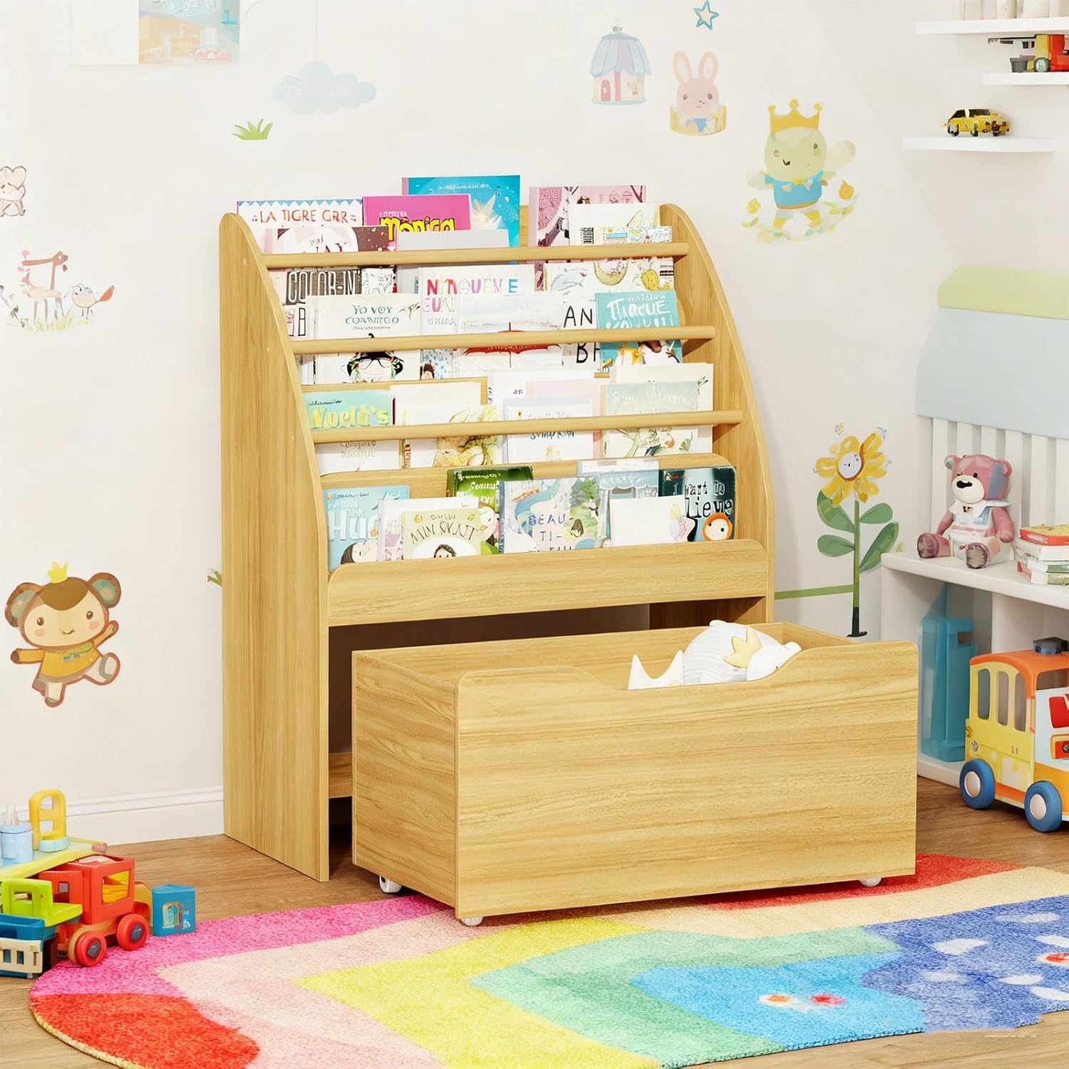 Lkeiyay Montessori Kids Bookshelf,4-Tier Toddler Bookshelf with Front-Facing Display & Rolling Storage Bin - Toddler Height Book Organizer for Nursery, Playroom, Classroom(Natural)