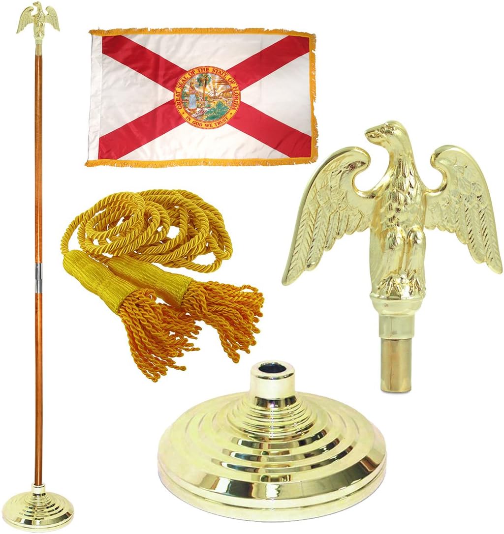 Super Tough Florida 3ft x 5ft Flag, Flagpole, Base, and Tassel (Metal Eagle, 8 Ft Oak Pole)