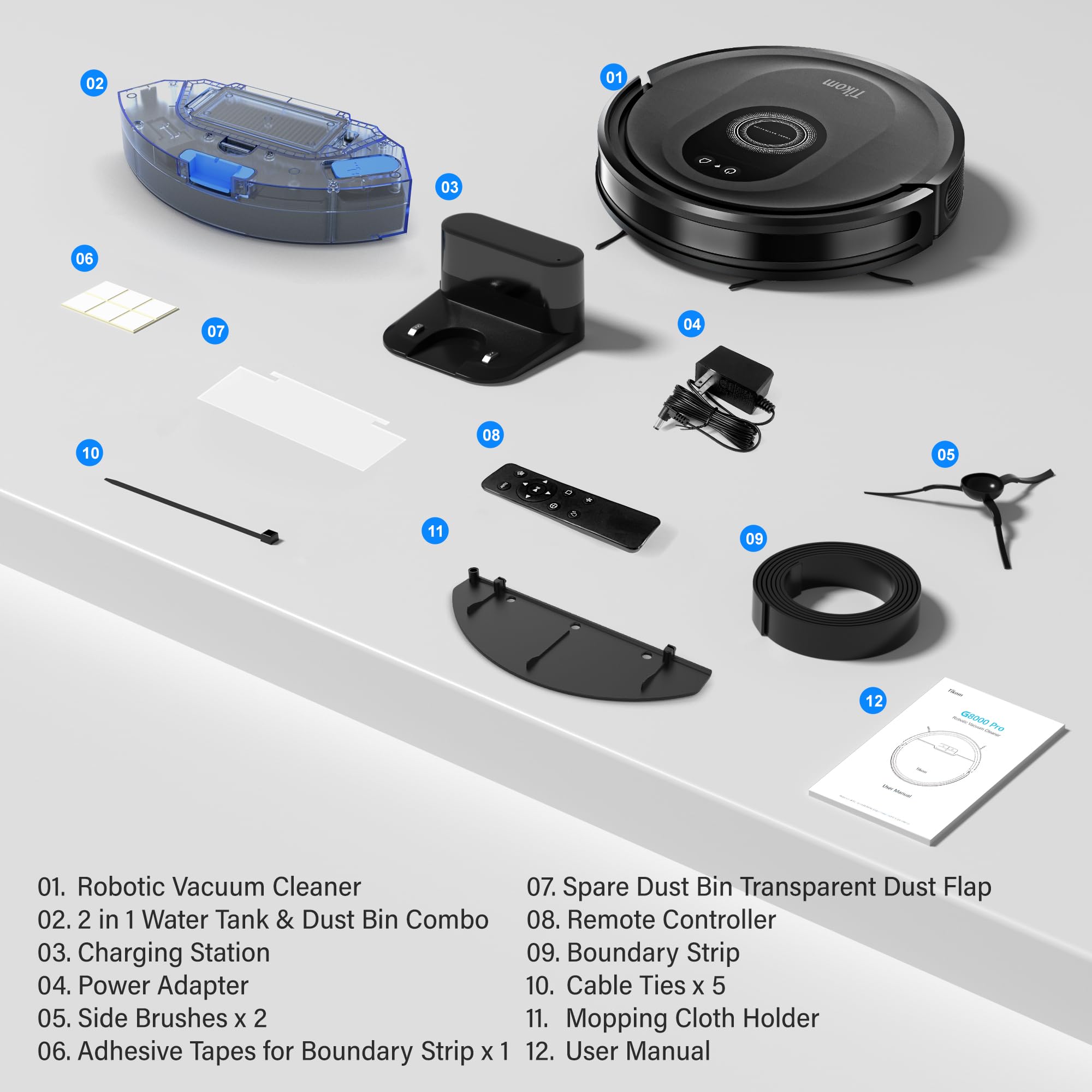 Tikom Robot Vacuum and Mop Combo, 5000Pa Robotic Vacuum Cleaner, 150 Min Max, App & Remote Control, Ideal for Hard Floor, Carpet, Pet Hair view 9