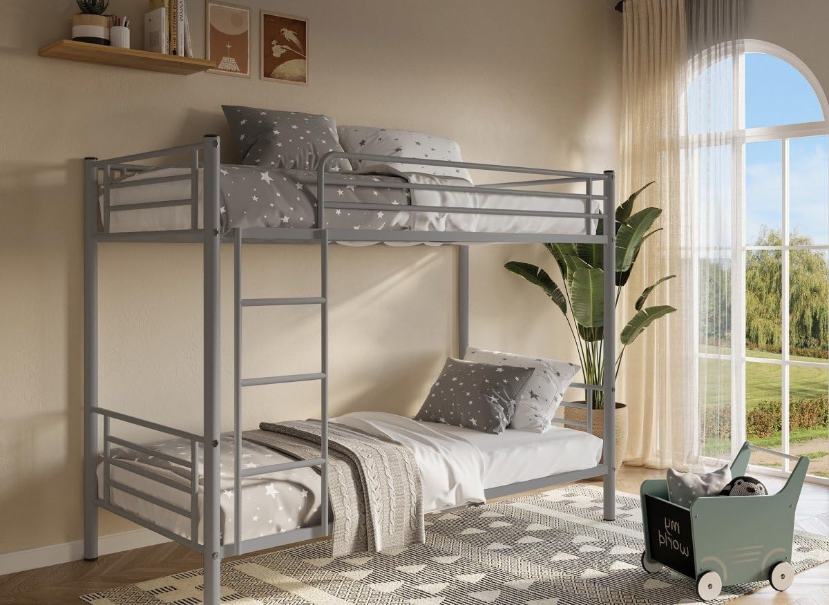 DecoInParis Lit superposé Twins en métal Gris 90 X 190 cm + sommiers