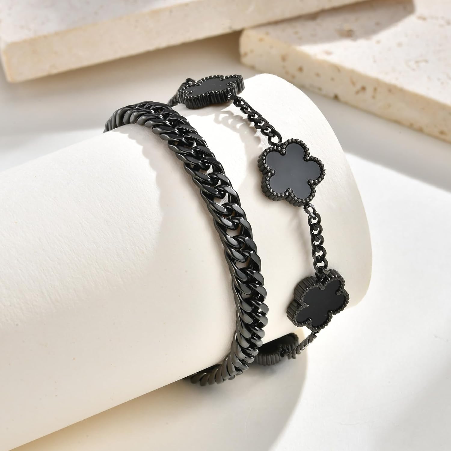 VNOX 2 PCS Floral Bracelets for Men Women -Womens Mens Stainless Steel Gold Cuban Chain Link Bracelet Lucky Charm Four Clover Flower Bracelets Trendy Jewelry Gifts - Image 4