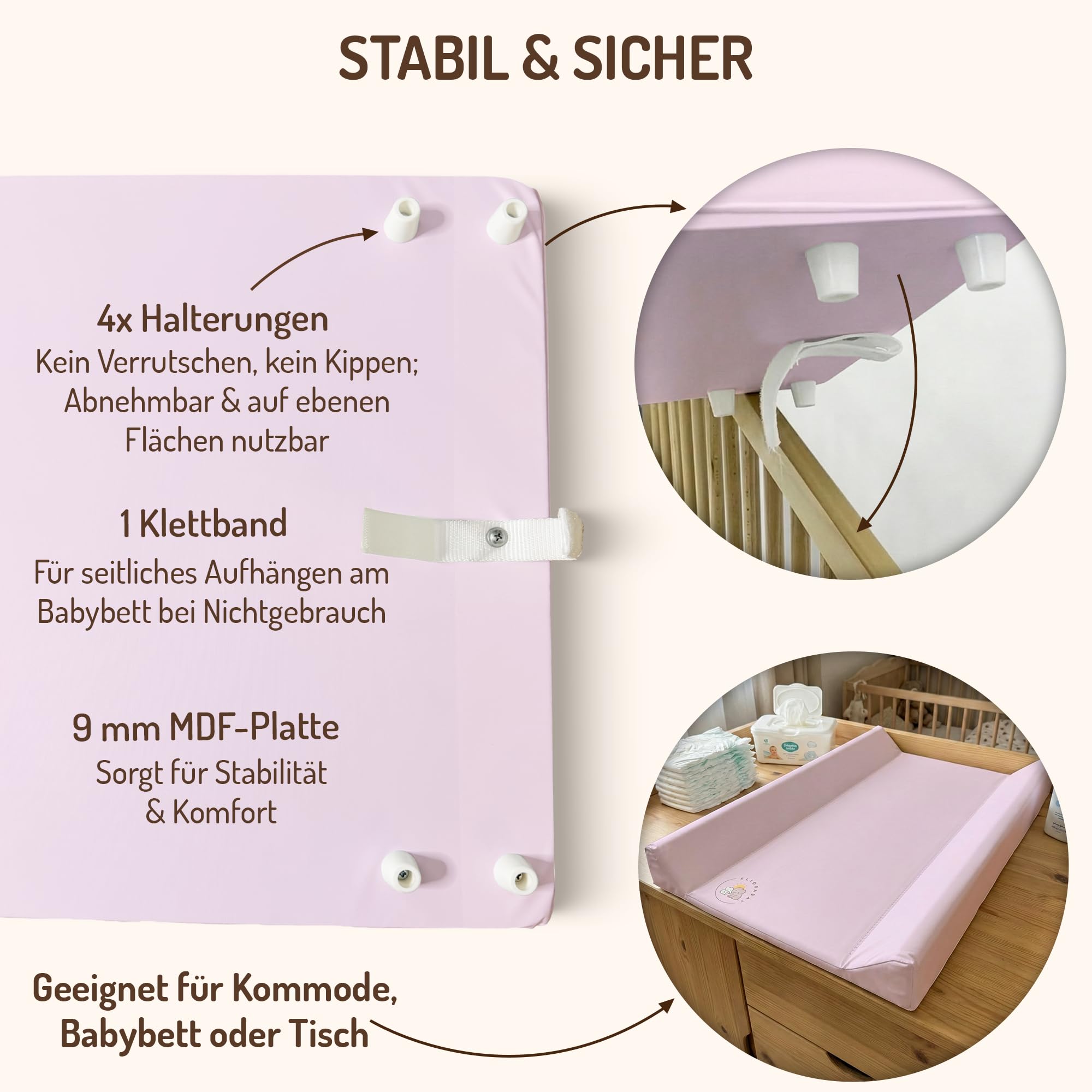 Wickelauflage Wickelplatte Wickeltisch Wickelbrett Wickelkommode 80×50×10 cm – robust, weich gepolstert & pflegeleicht – für Babybett, Kommode & unterwegs (rosa)