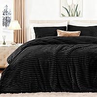 EXQ Home Queen Fluffy Comforter Set - Super Soft Faux Fur Stripe Jacquard 3-Piece Black Fleece Bedding, Warm Winter Comfort with Pillowcases