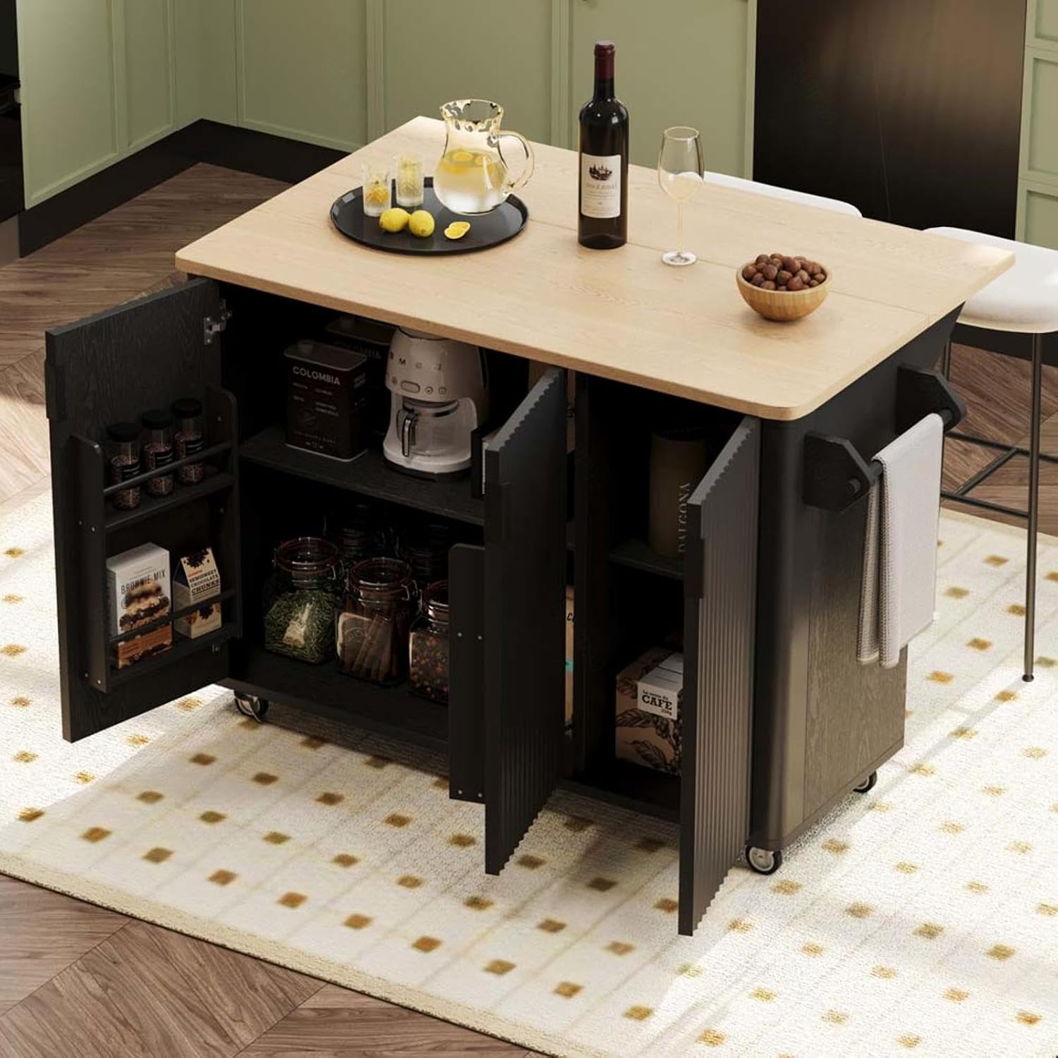 Kitchen Storage Islands and Carts with Drop Leaf with Storage and Dining Table, Mobile Kitchen Island with Wheels Towel Rack, for Kitchen, Dining Room, Black
