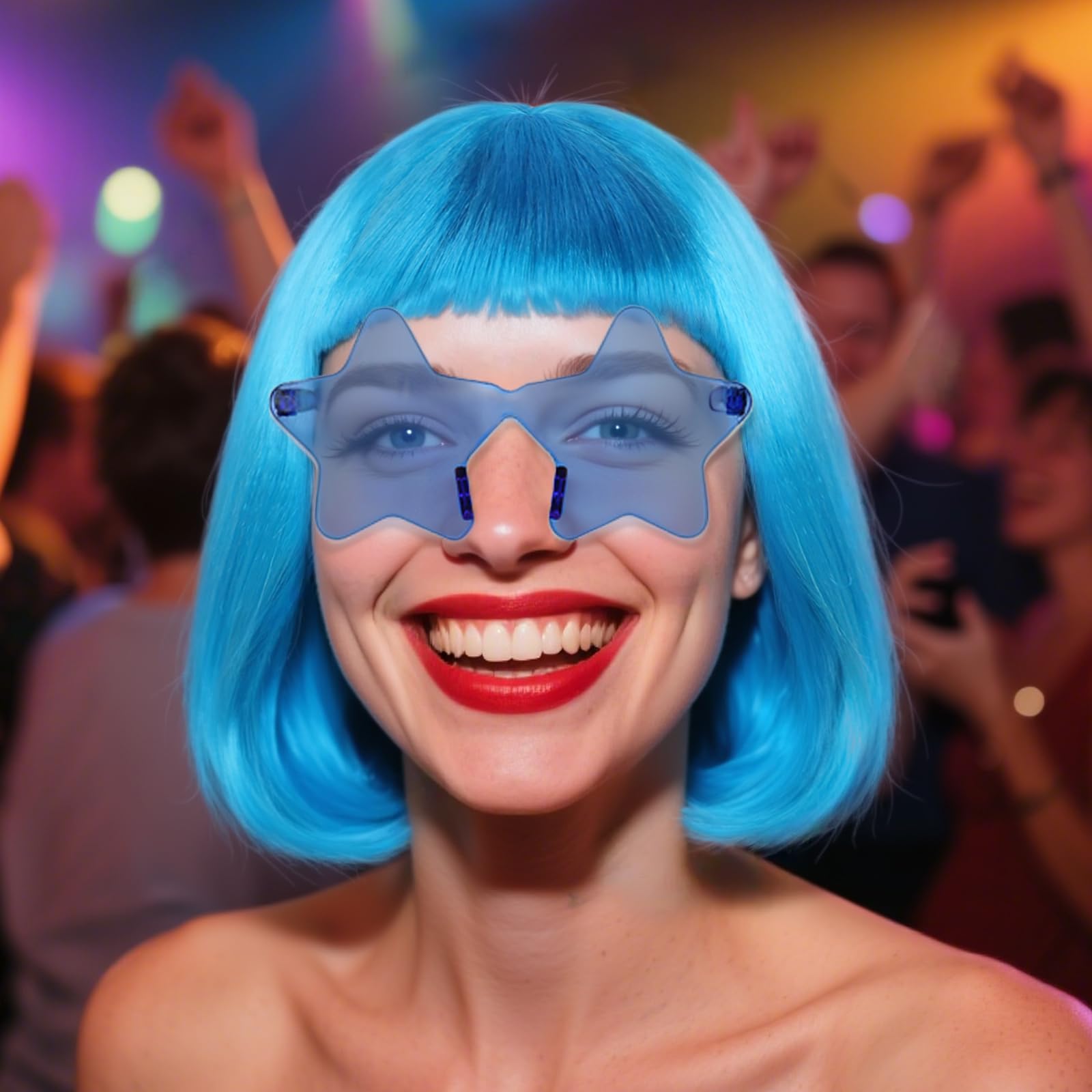 BEKIDER Light Blue Bob Wig (1 Pair of Glasses+ 1 Hair Cap) Colored Wigs Party Outfit Colorful Bob Wig with Bangs Funny Wigs Mardi Gras Costume Blue Synthetic Hair for Halloween - Image 2