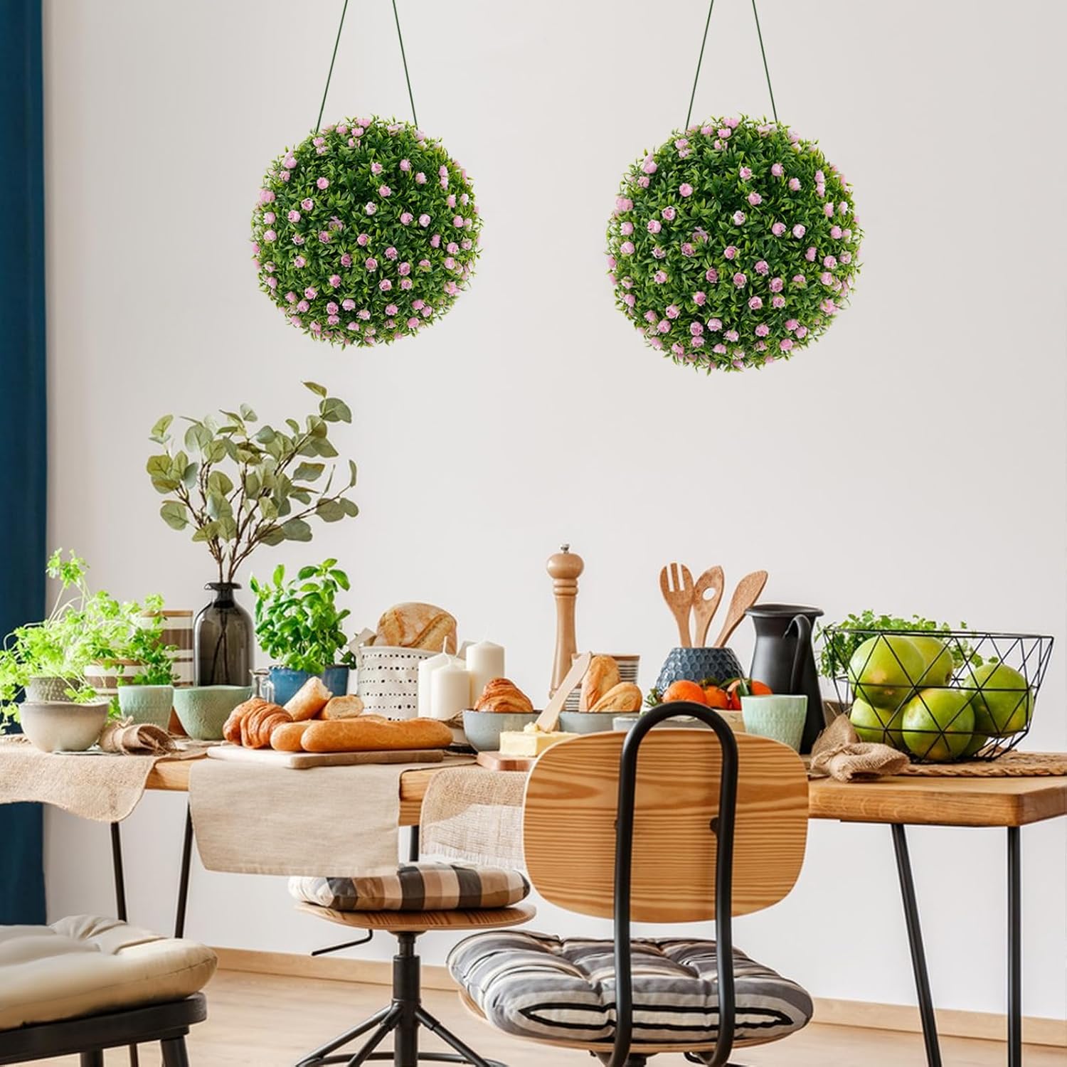 HAPPYGRILL 14.5" Artificial Plant Topiary Balls, 2 PCS Faux Decorative Greenery Balls w/Pink Rose Decoration, Safe & Reliable PP Frame, Sun-Protective Faux Boxwood Ball w/Flowers for Porch Home Lawn