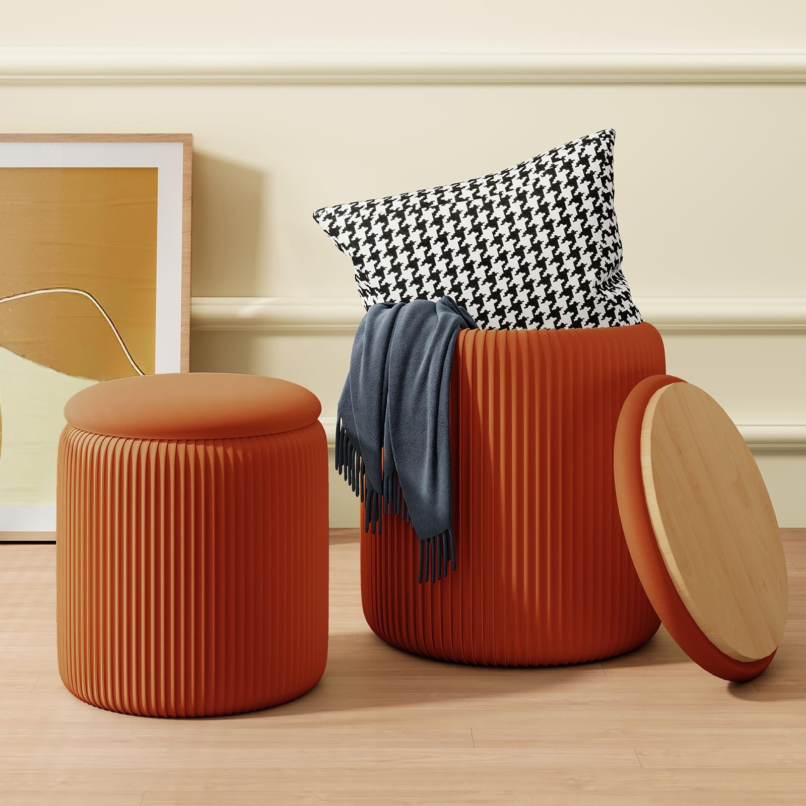 Orange Round Storage Ottoman Set of 2, Large Velvet Ottoman with Storage, Multifunctional Vanity Stool, Small Pouf Ottomans Foot Stool, Storage Stools for Living Room, Bedroom