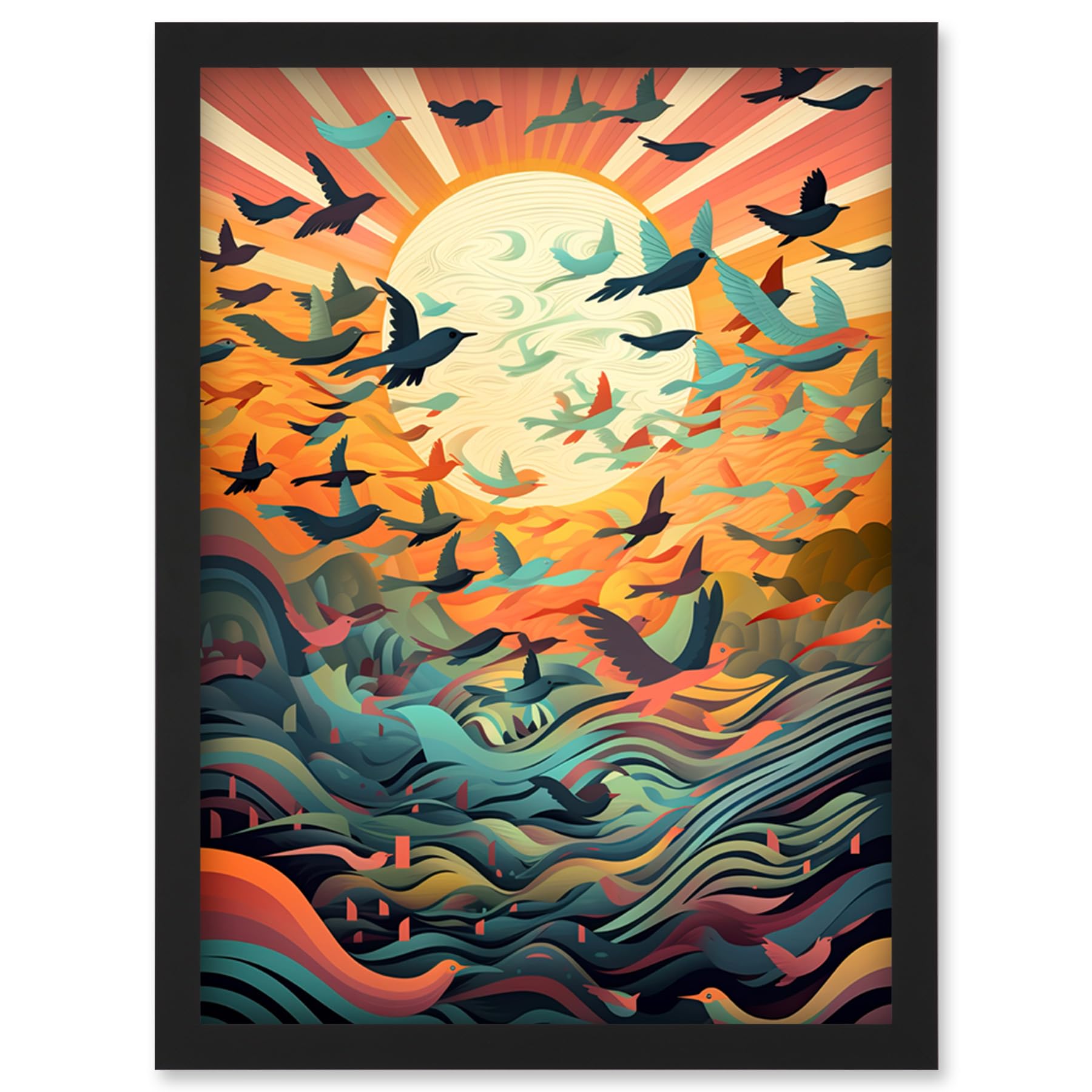 Artery8 Flock of Birds Flying at Sunrise Modern Folk Art Artwork Framed Wall Art Print A4