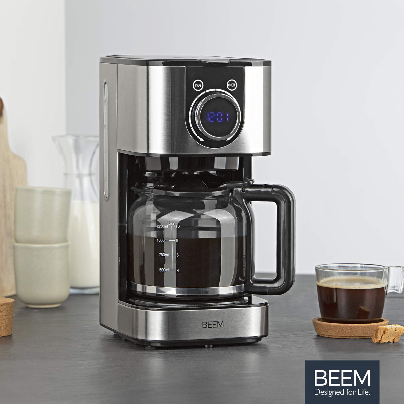 BEEM FRESH-AROMA-SWITCH cafetera de filtro - vidrio | acero inoxidable | jarra de vidrio de 1,25 l | elegante rueda de control | temporizador de 24 horas | 800 W | para 4-8 tazas