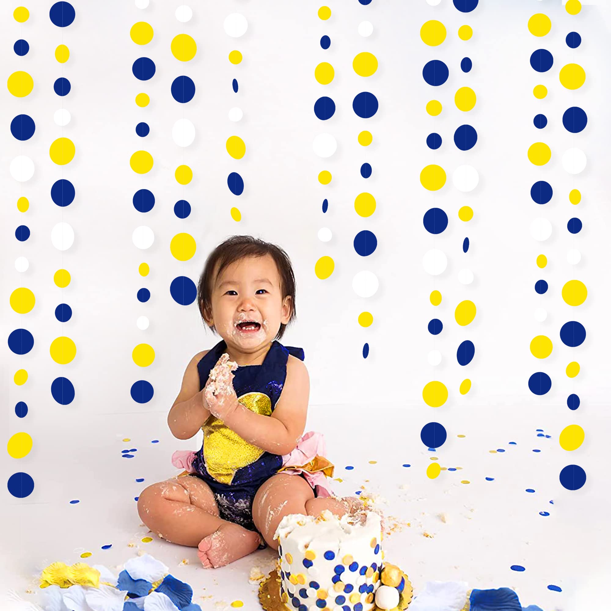 Ghirlanda Di Cerchi A Pois 4 Pezzi - Blu Navy, Bianco E Argento, 15 Metri Totali Con Nastro Biadesivo, Per Feste