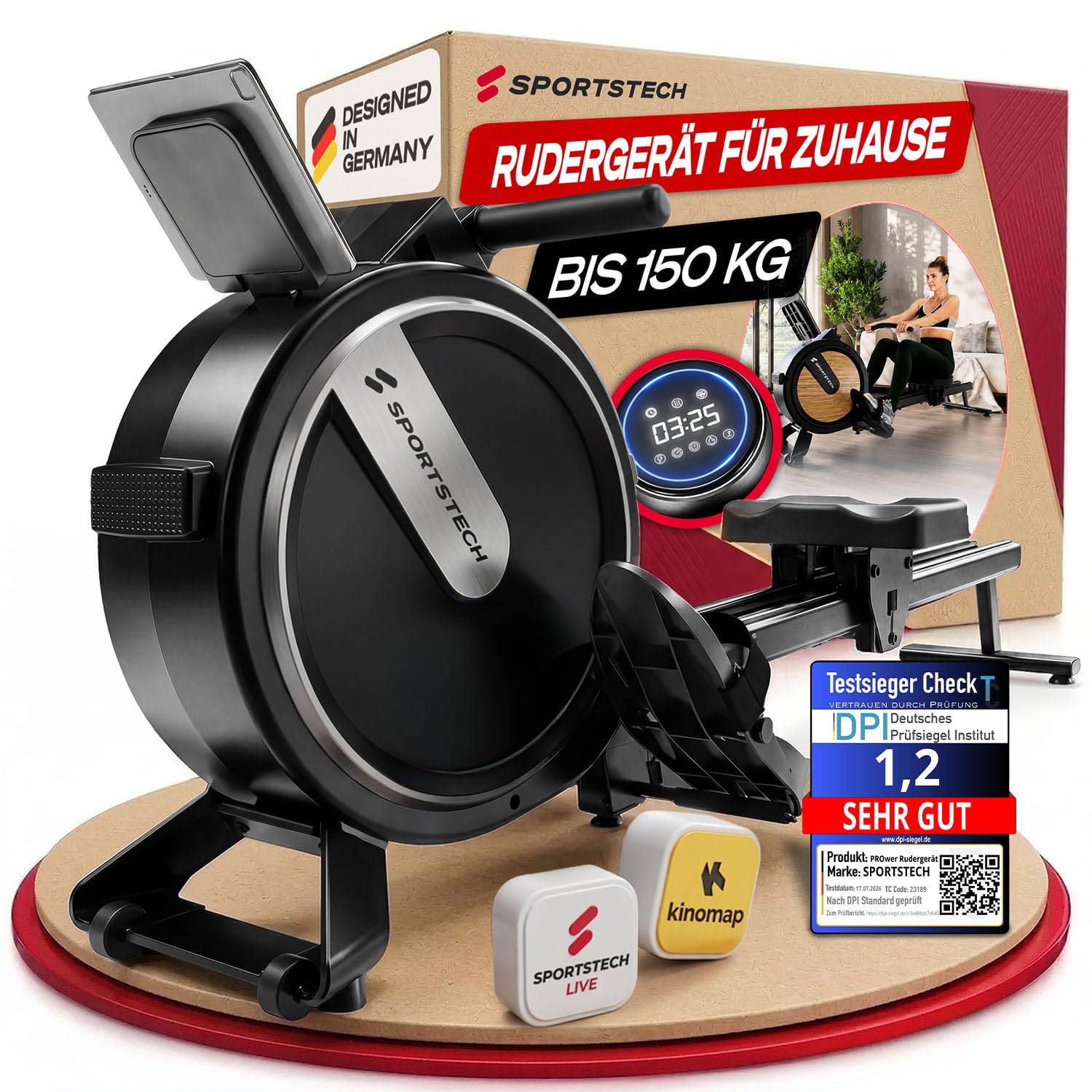 Sportstech Rudergerät für Zuhause, Rudermaschine mit App, bis 150 kg, Ganzkörper-Cardio, Bluetooth App, Widerstandsstufen wählbar, platzsparend, vertikal verstaubar, Tablet-Halter, PROwer