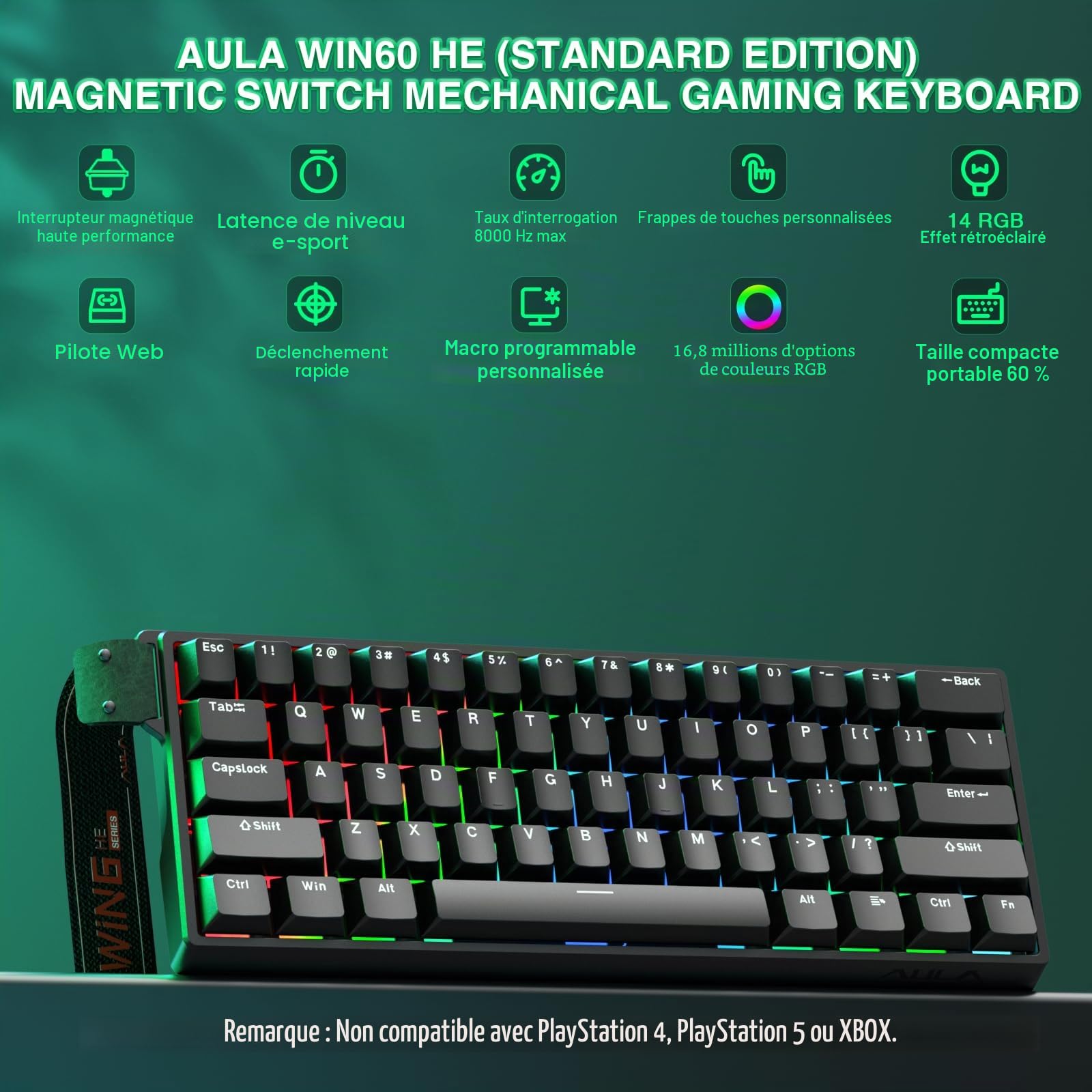 Aula WIN60 HE - Clavier de jeu mécanique filaire 60%, interrupteur magnétique, activation réglable, déclenchement rapide, taux d'interrogation de 8000 Hz, clavier RVB compact