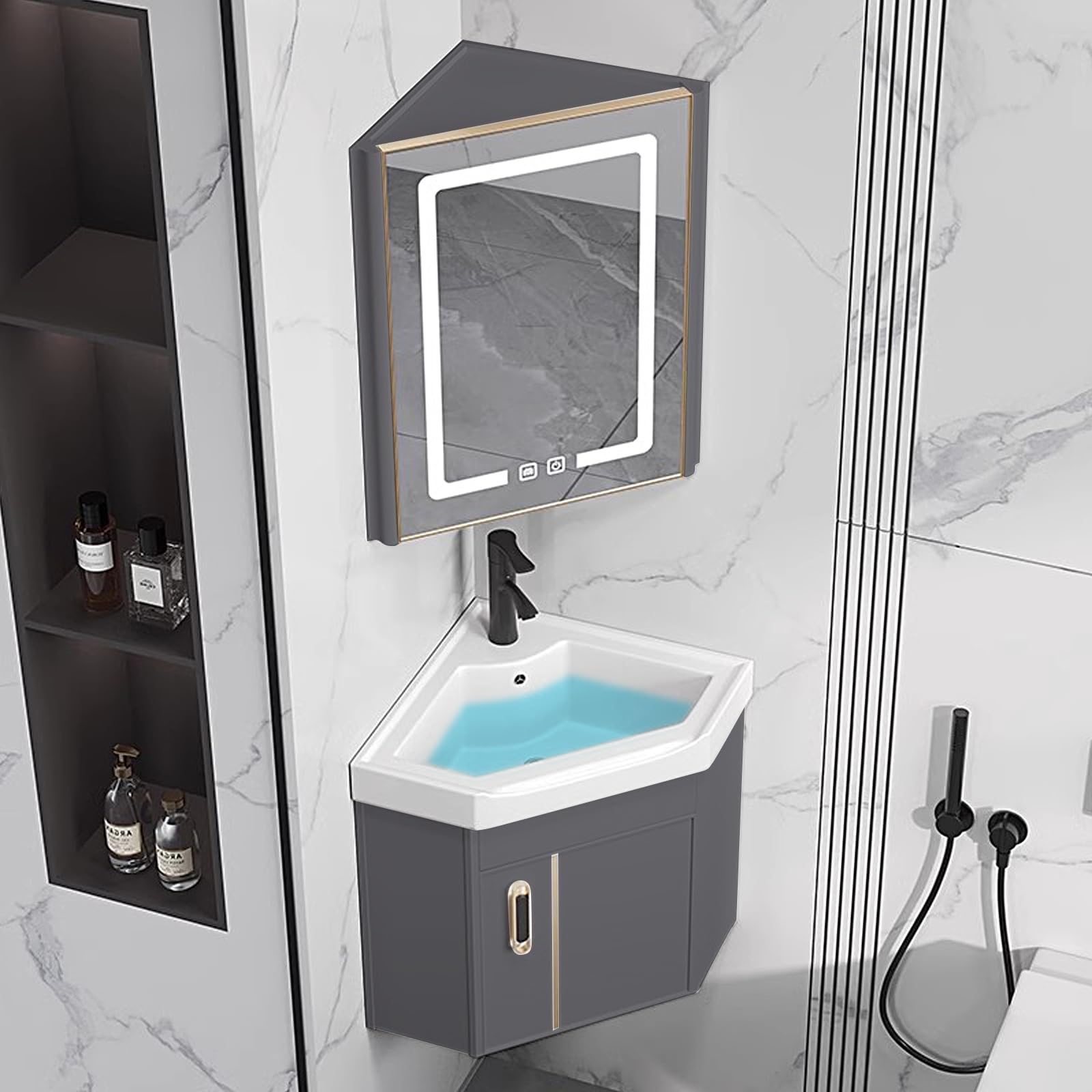 DFGHNBVC Corner Bathroom Vanity Cabinet With Sink, Led Medicine Cabinets Anti-Fog, Wall Mounted Utility Basin For Home Kitchen Patio,Grey-42Cm/16.5In