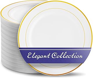 10.25" Plastic Dinner Plates Disposable (100 Pack) White and Gold Wedding Plates Disposable Set 100 Guests, Elegant Plastic Plates Disposable, Heavy Duty Plastic Plates for Thanksgiving/Christmas
