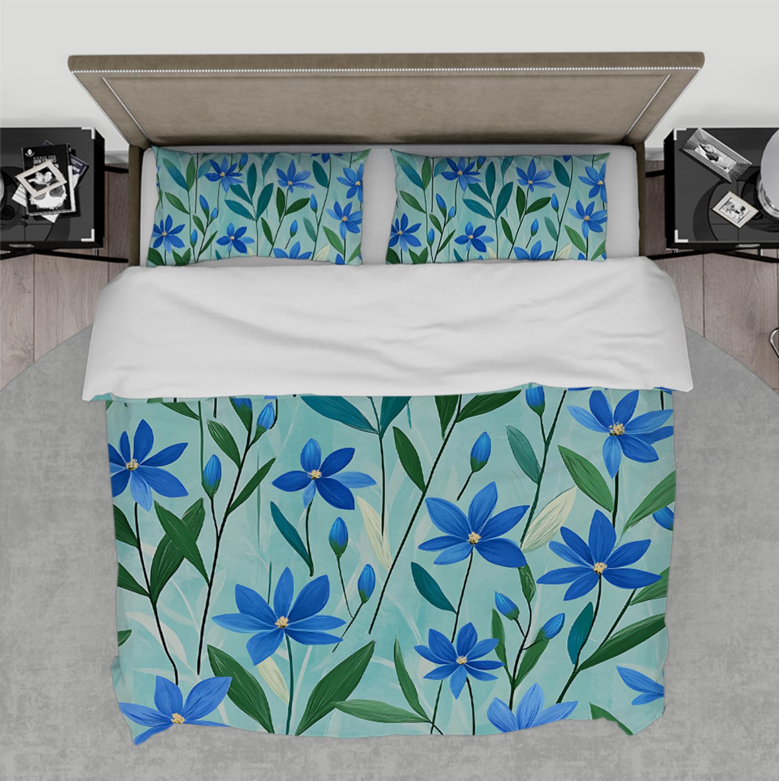 Housse de couette haut de gamme 155x220cm au motif élégant de fleur bleue de lin