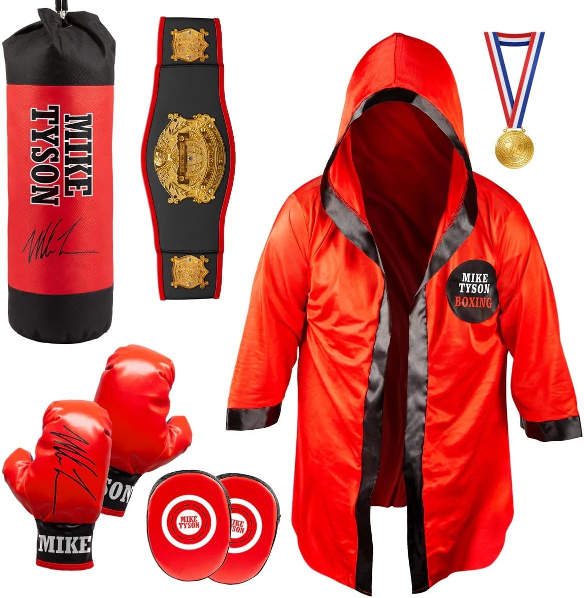 Mike Tyson Kids Boxing Champion Set — Official Licensed Mike Tyson Boxing Kit for Kids - Complete Set with Gloves, Robe, Punching Bag, Strike Pads, Belt, Medal